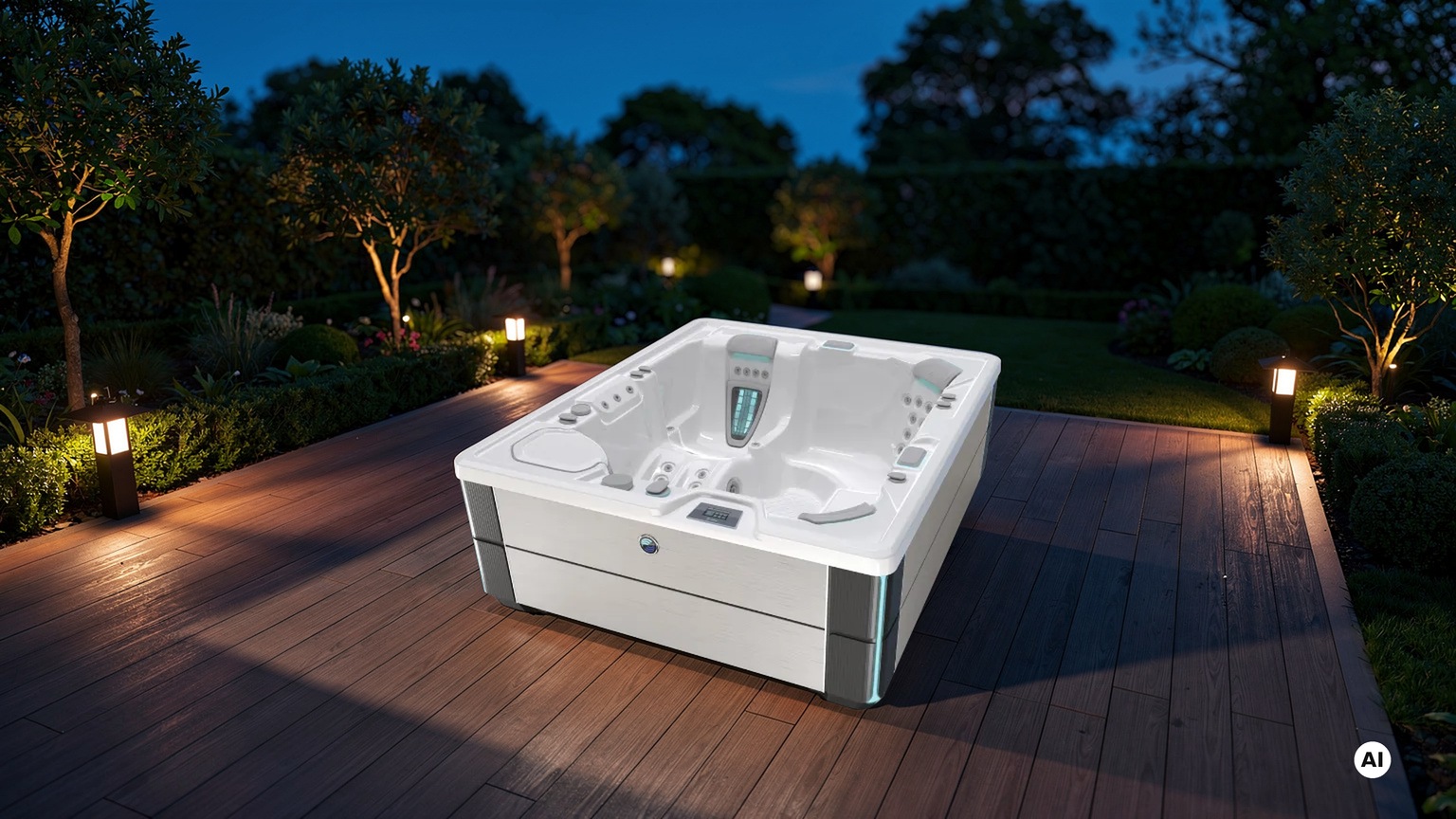 Ein moderner weißer HotSpring Sovereign Whirlpool auf einer Holzterrasse in einem gepflegten Garten bei Dämmerung. (Originalproduktfoto HotSpring SOVEREIGN®; KI-generierte Umgebung).
