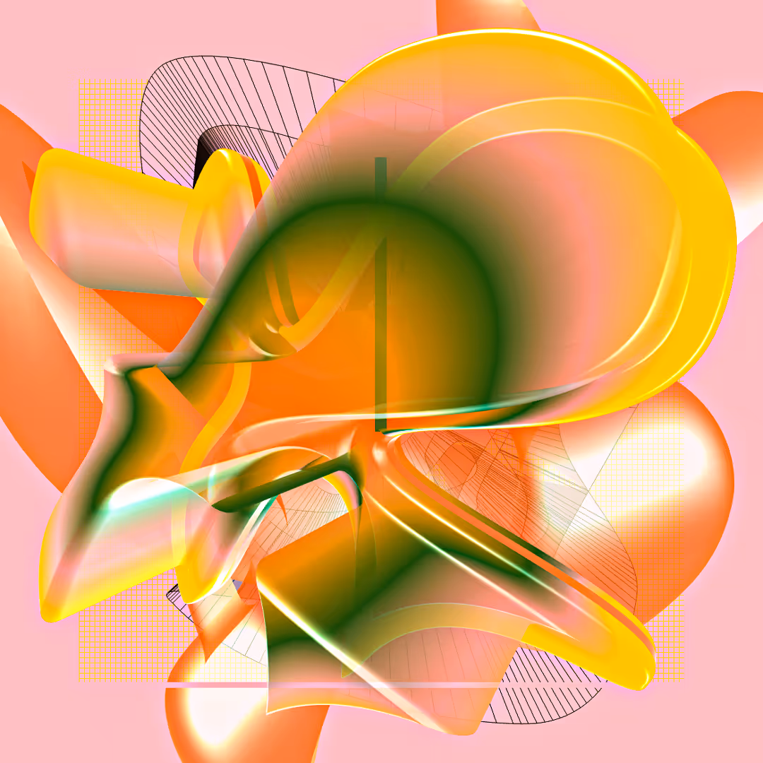 Abstract digital artwork with flowing yellow, orange, and green shapes over a pink background with fine black line textures.