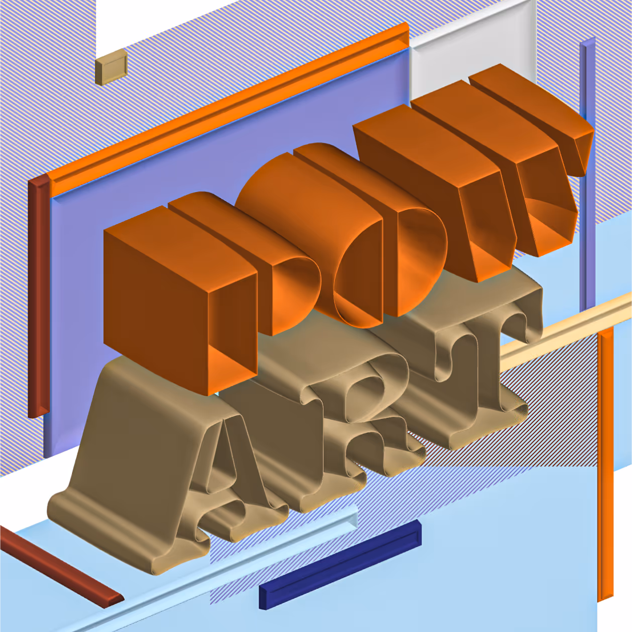 3D illustration of the words POW ART with POW in bold orange rounded letters above ART in large beige block letters, set against a blue and striped background with abstract geometric shapes.