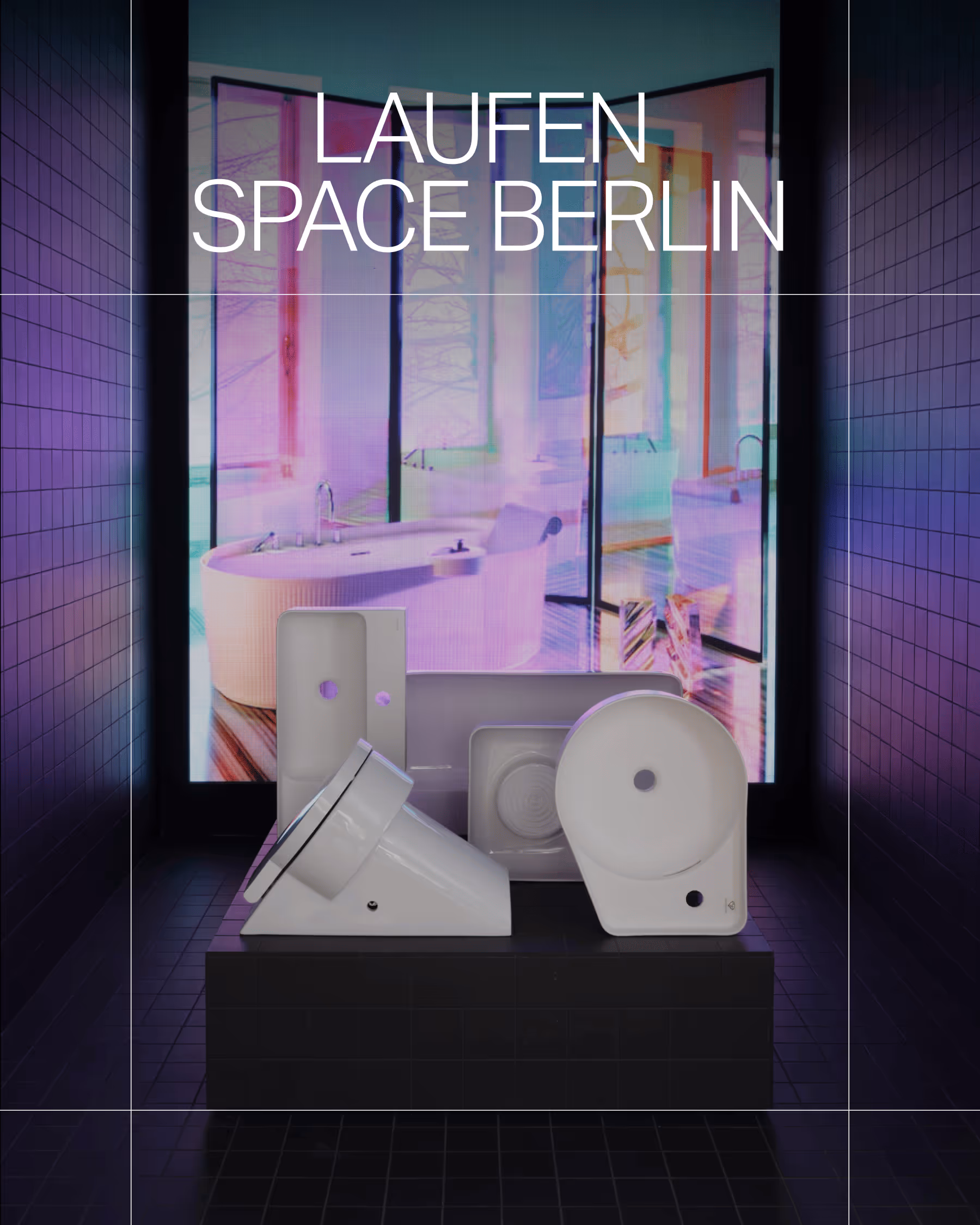 Modern display of white ceramic bathroom fixtures against a backdrop of a bathtub and glass walls with the text 'Laufen Space Berlin'.