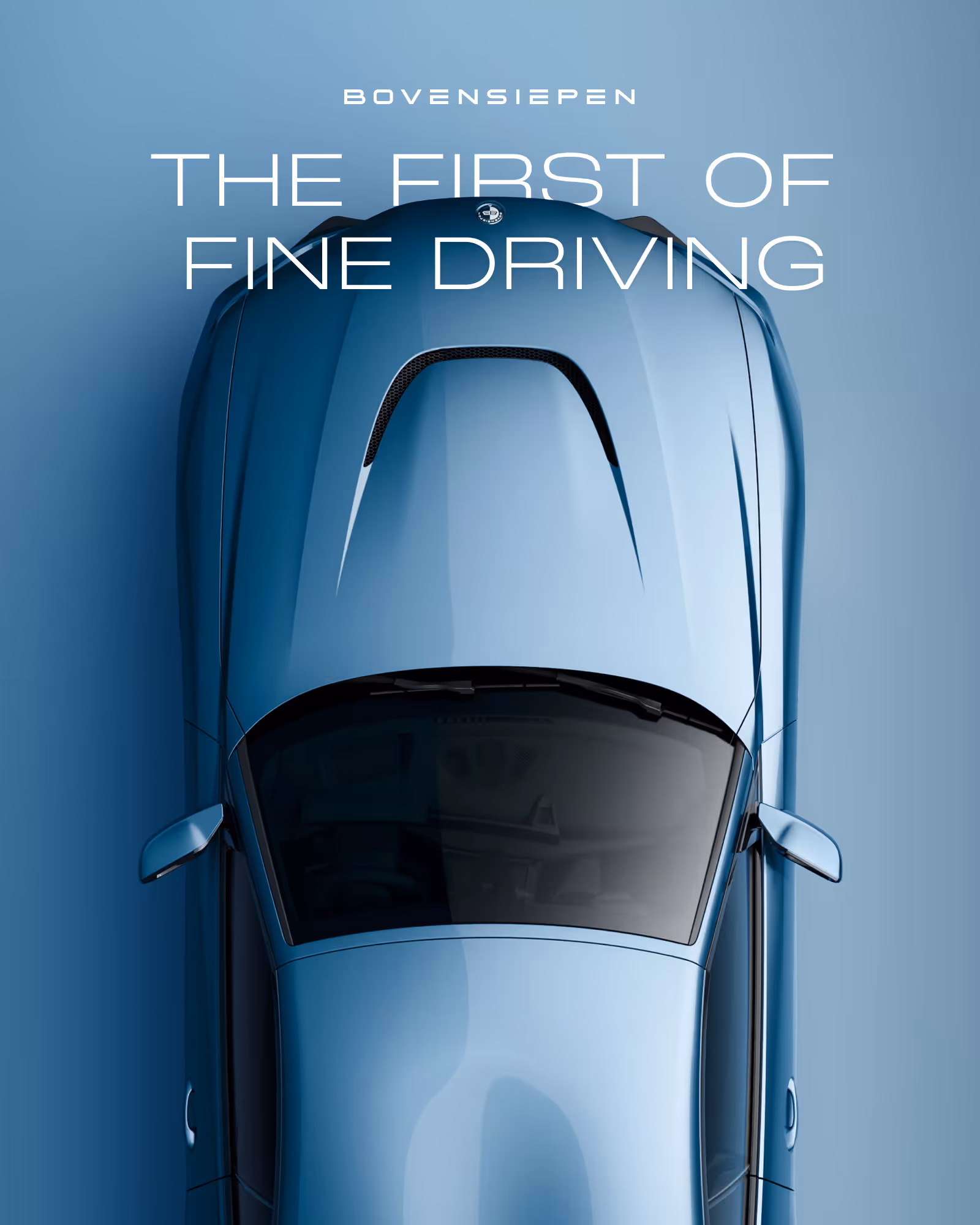 Top view of a sleek blue sports car with text 'Bovensiepen The First of Fine Driving' above it.