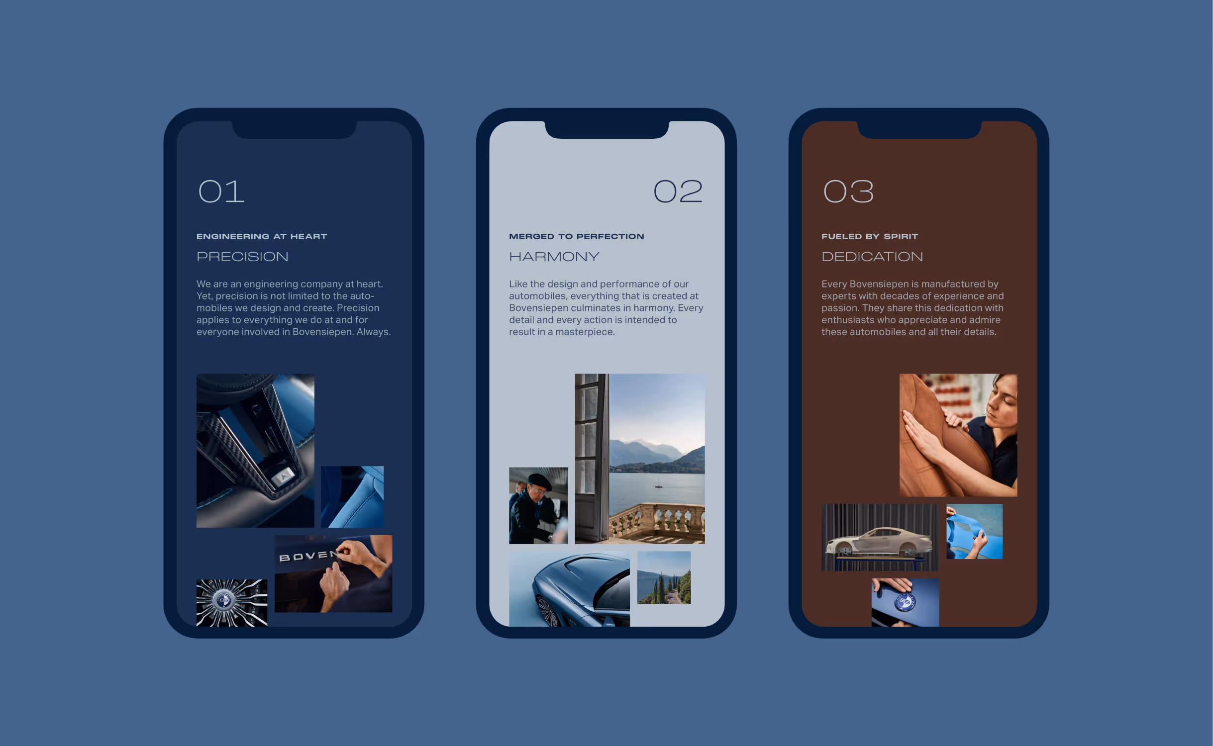 Three mobile phone screens side by side showing company values: Precision with engineering images, Harmony with scenic and design photos, and Dedication with craftsmanship and car images.