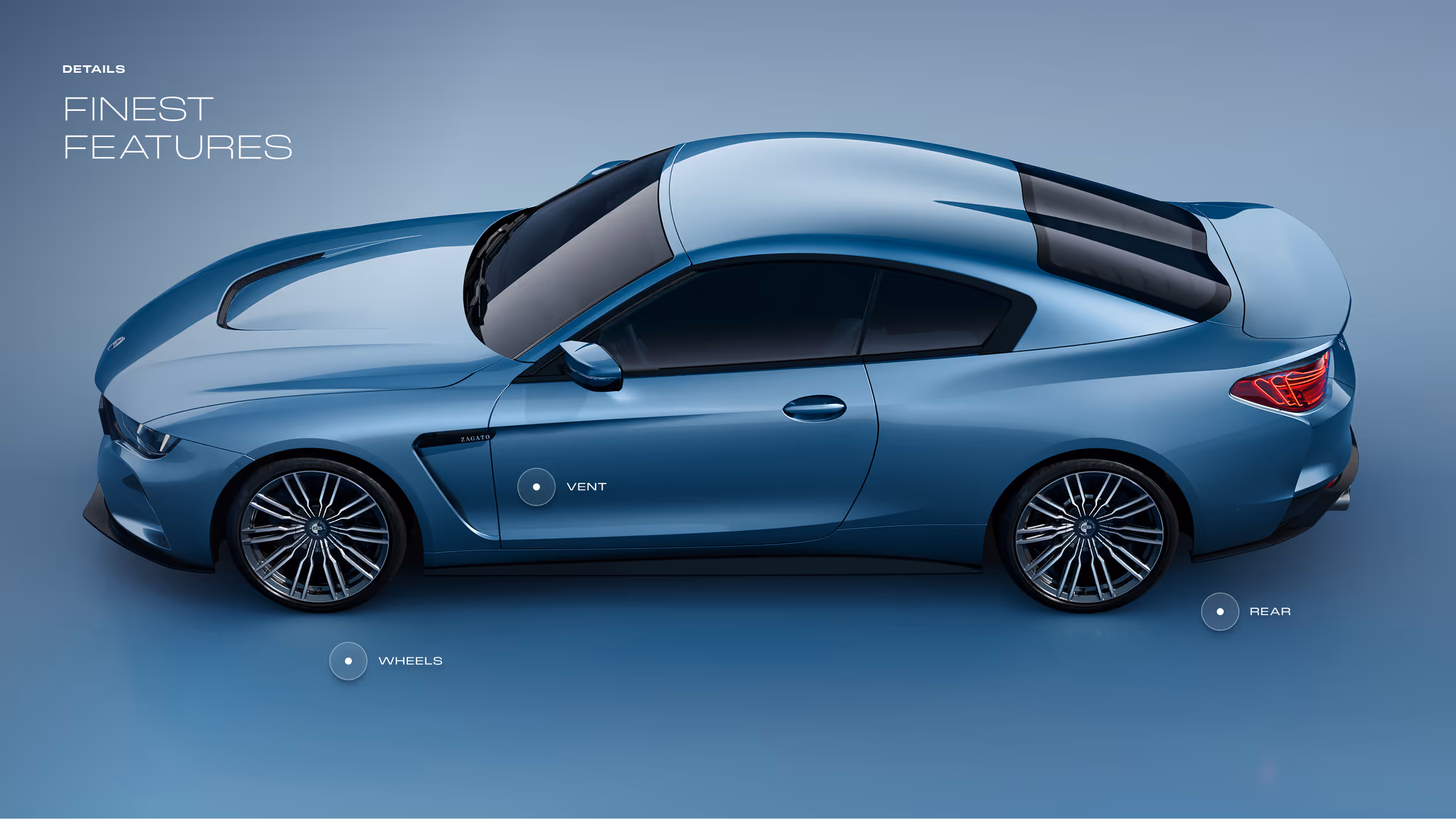 Side view of a sleek blue sports car with highlighted features: vent, wheels, and rear light.