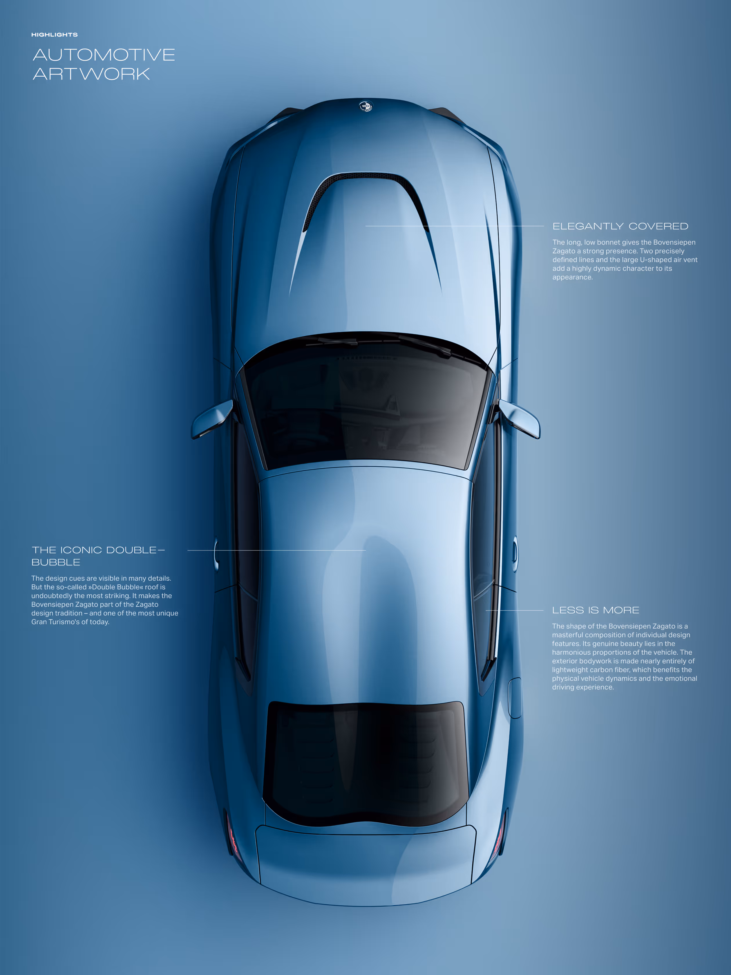 Top view of a sleek blue sports car on a blue background with design notes about its aerodynamic shape and features.