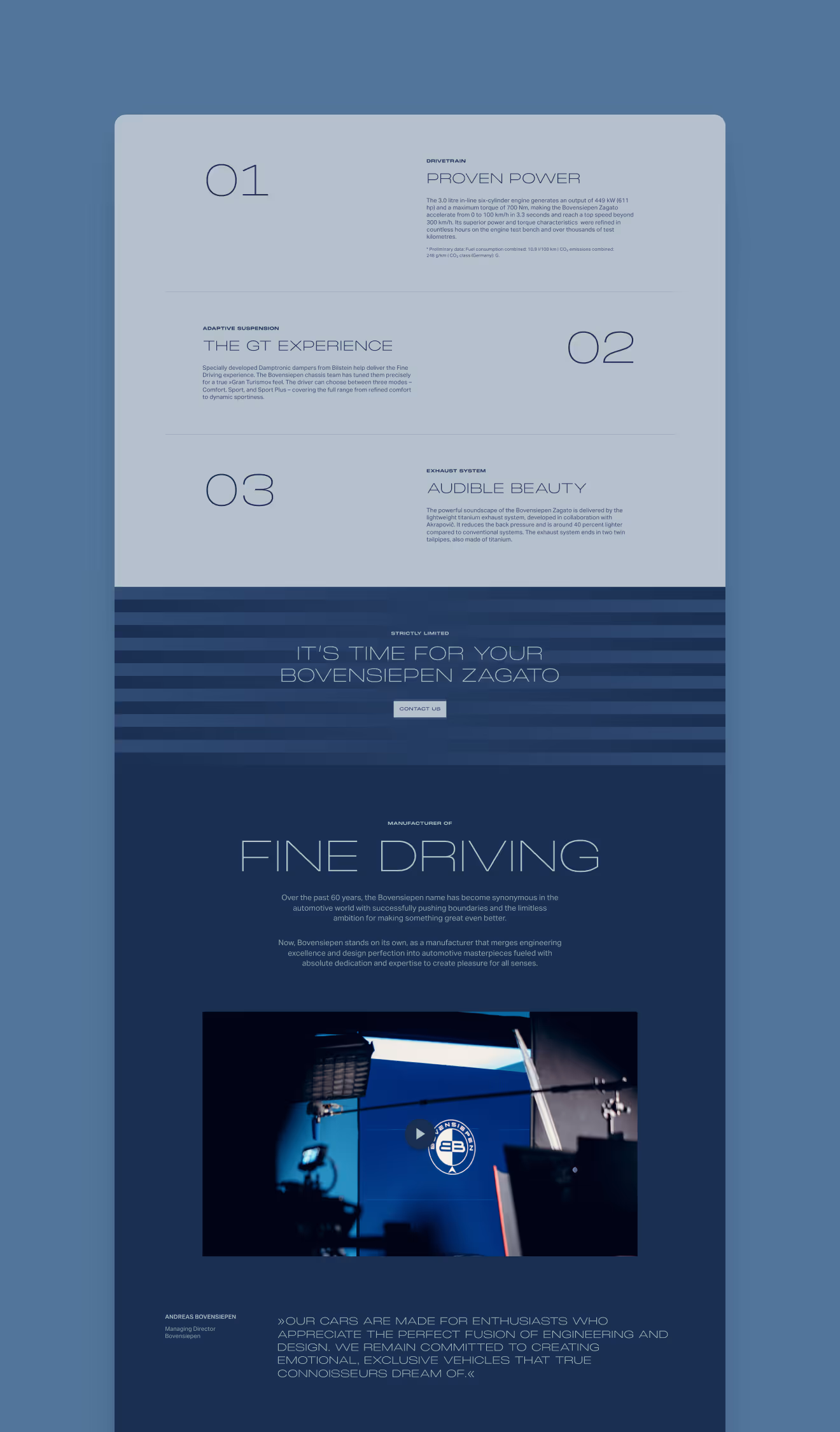 Webpage section detailing BOVENSIEPEN ZAGATO features with numbered points on power, adaptive suspension, and exhaust system, plus a video player and a quote about craftsmanship.