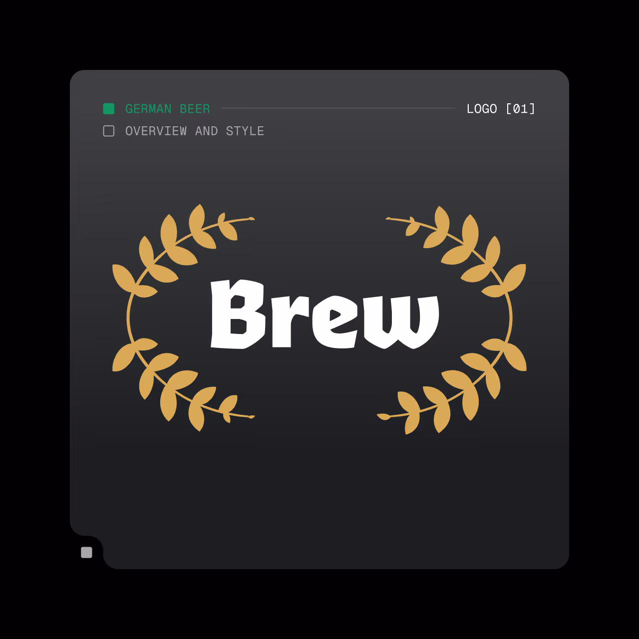 Design card with the word 'Brew' in white font centered between two golden laurel branches on a dark gradient background with a menu indicating 'German Beer' selected.