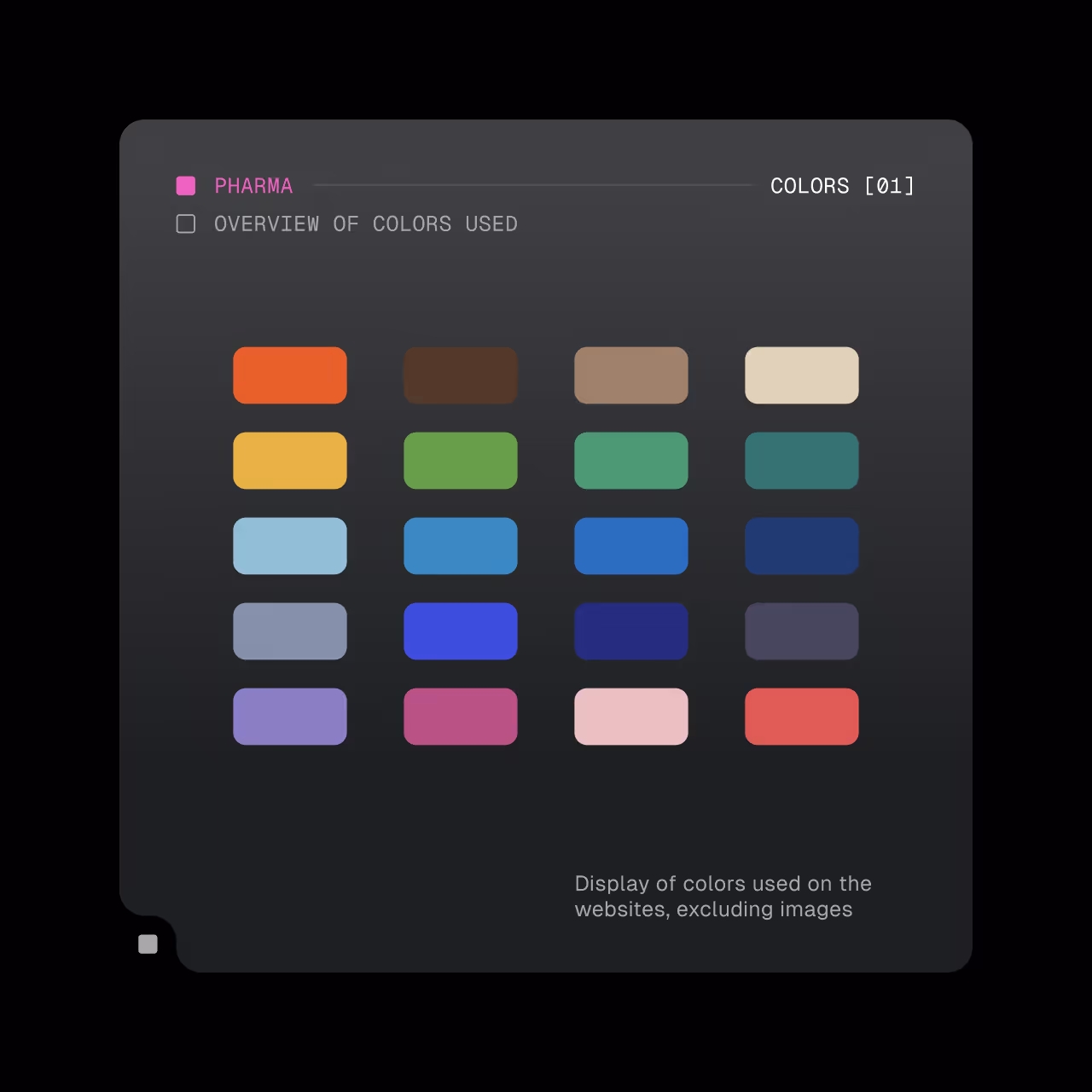 Grid of 20 rounded color swatches in five rows and four columns on a dark background, labeled PHARMA with a note on colors used excluding images.