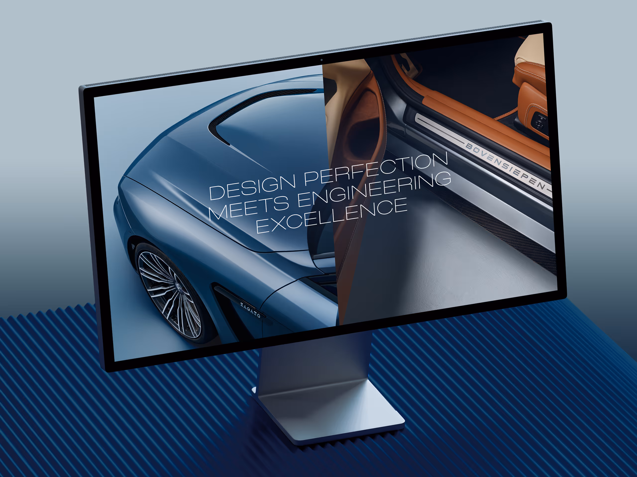 Computer monitor displaying a split image of a blue sports car exterior and a close-up of luxury car interior with text ‘Design Perfection Meets Engineering Excellence.’