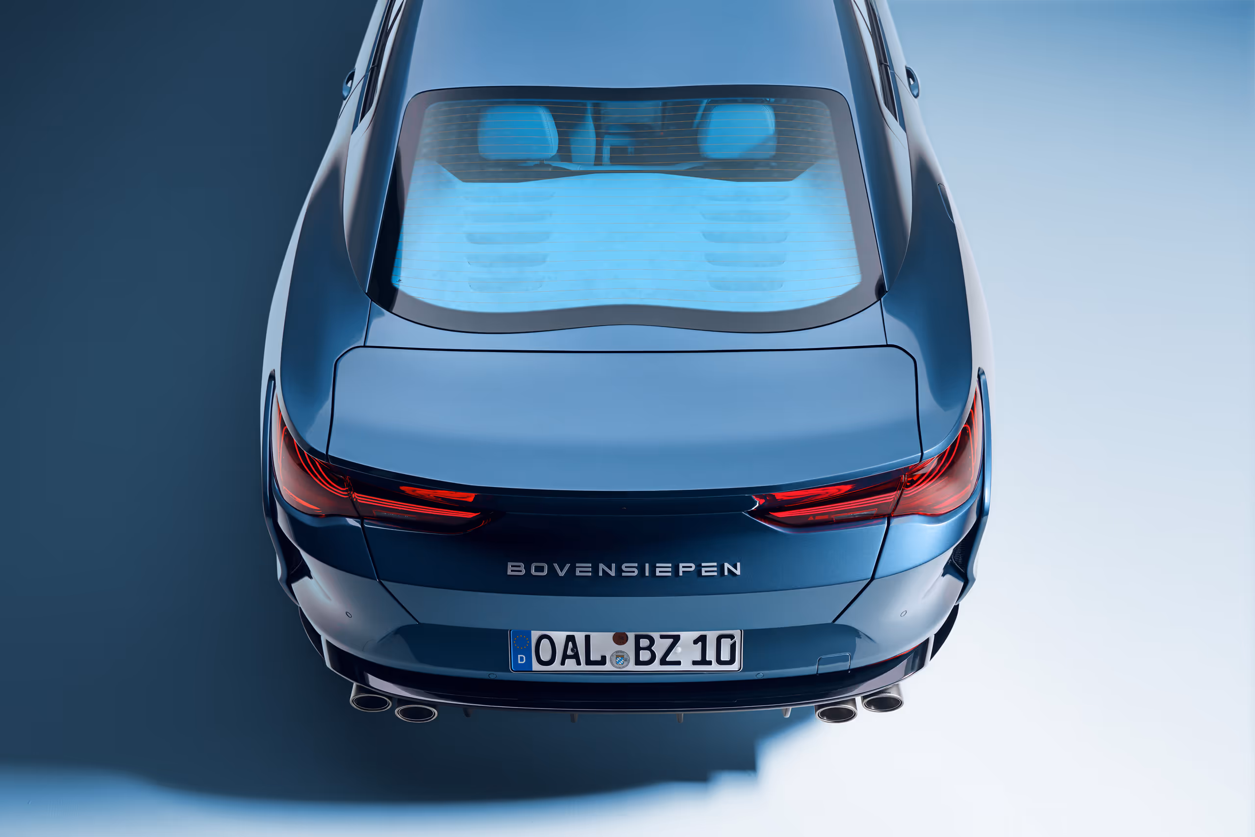 Rear view of a blue Bovensiepen car with visible taillights, rear window, and German license plate.