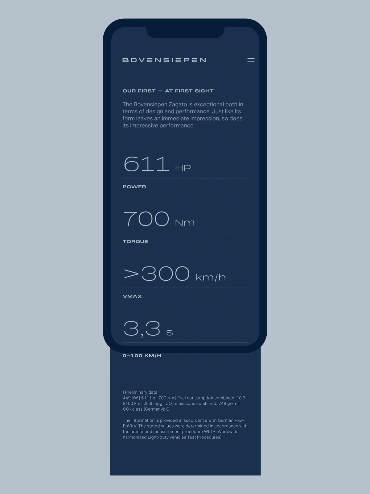 Mobile screen displaying Bovensiepen Zagato car specs: 611 HP power, 700 Nm torque, over 300 km/h top speed, and 3.3 seconds 0-100 km/h acceleration.