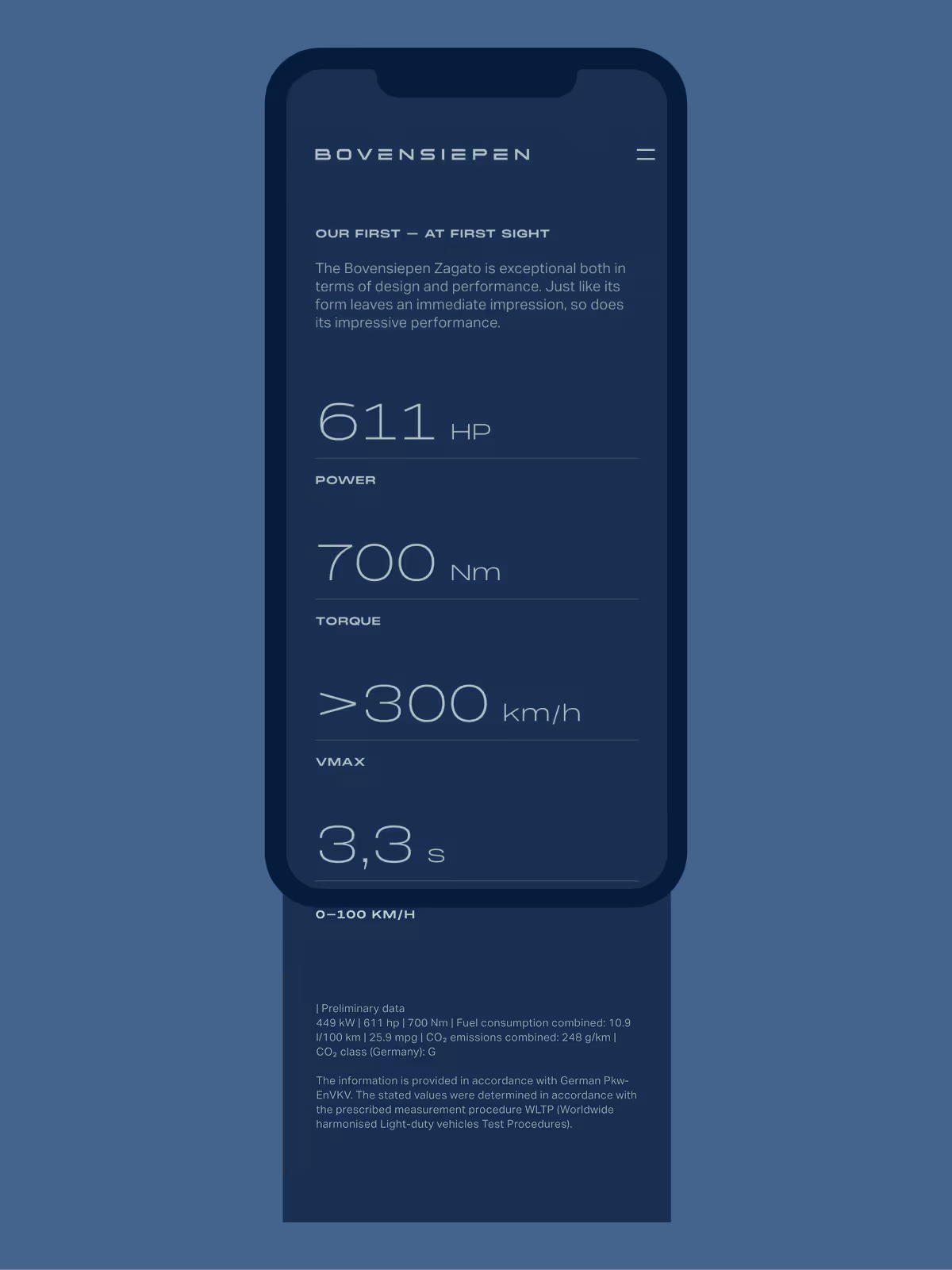 Mobile screen displaying Bovensiepen Zagato car specs: 611 HP power, 700 Nm torque, over 300 km/h top speed, and 3.3 seconds 0-100 km/h acceleration.