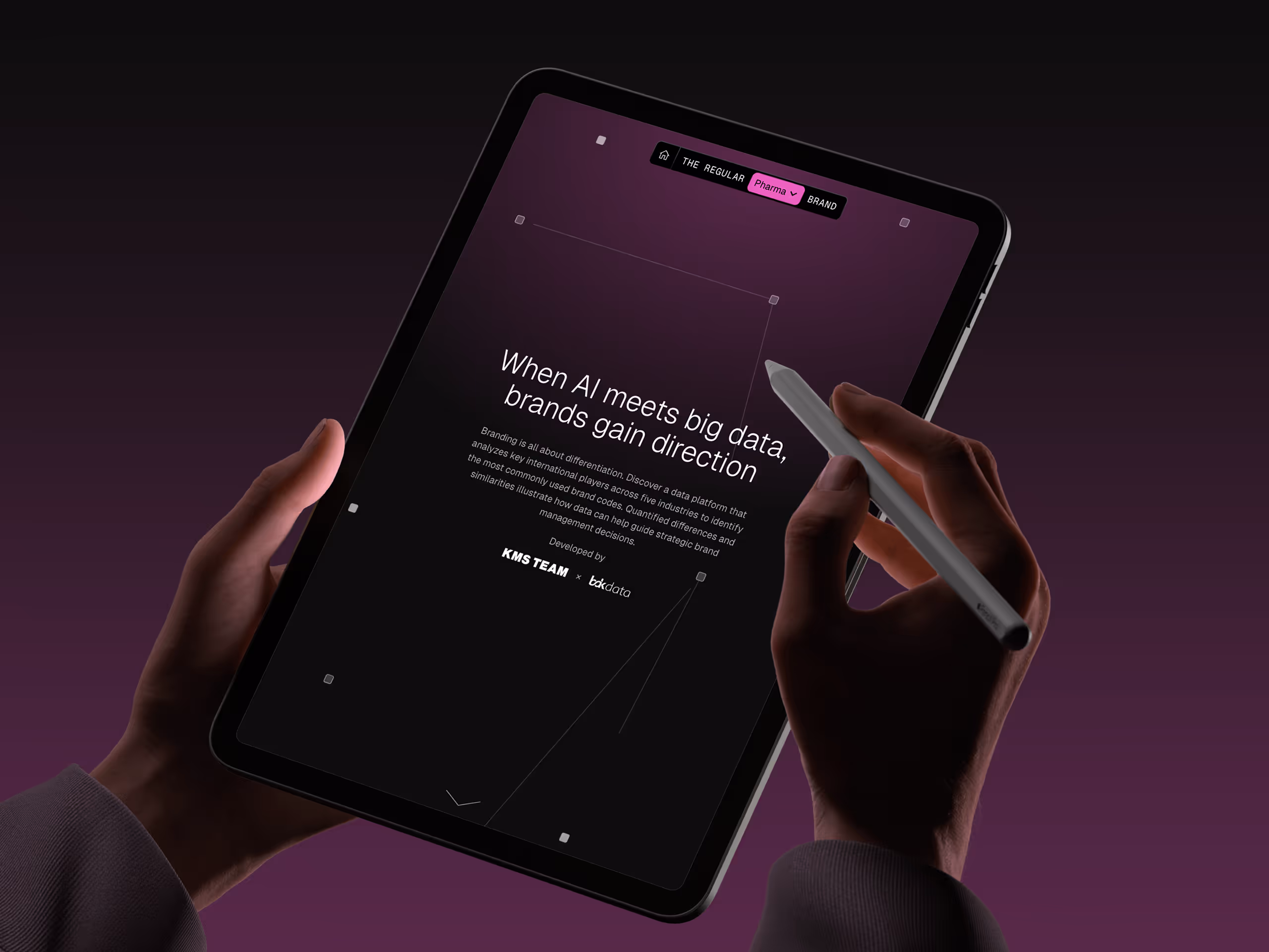 Person holding a tablet with one hand and using a stylus with the other, displaying a branding and data analysis interface on a purple gradient background.