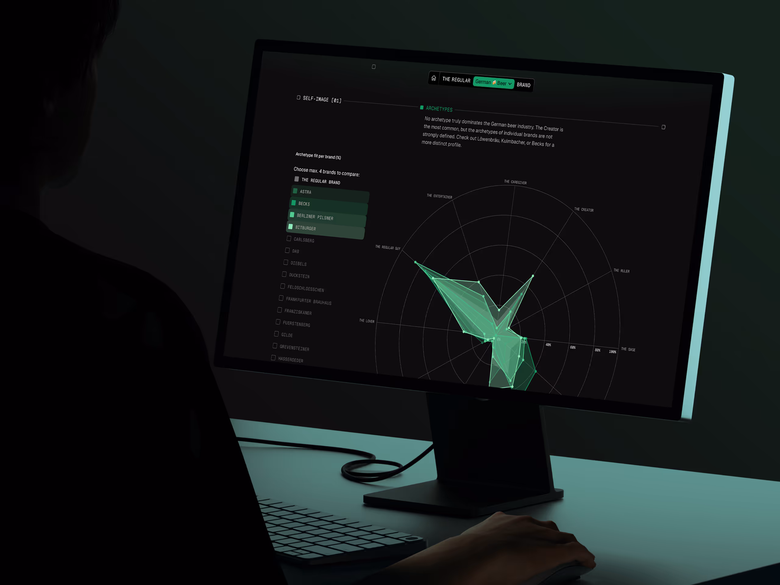 Person using a computer displaying a radar chart comparing archetypes of German beer brands with selections like Astra, Becks, Berliner Pilsner, and Bitburger.