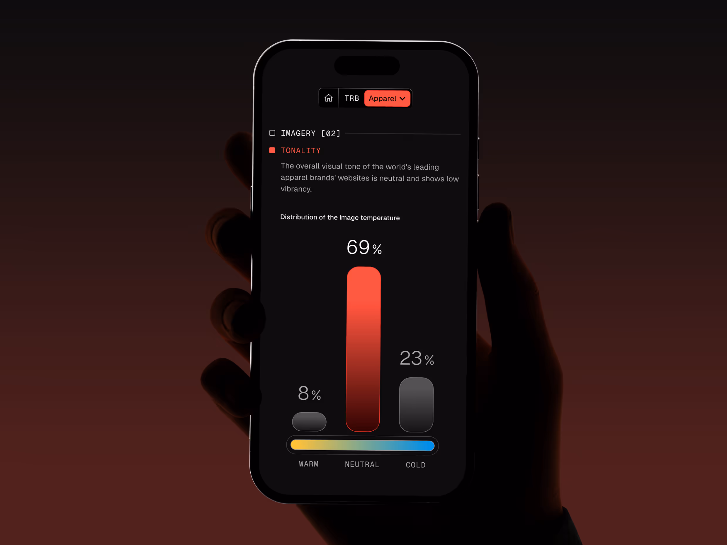 Hand holding a smartphone displaying a tonality analysis with 69% warm, 8% neutral, and 23% cold image temperature distribution for apparel brands.