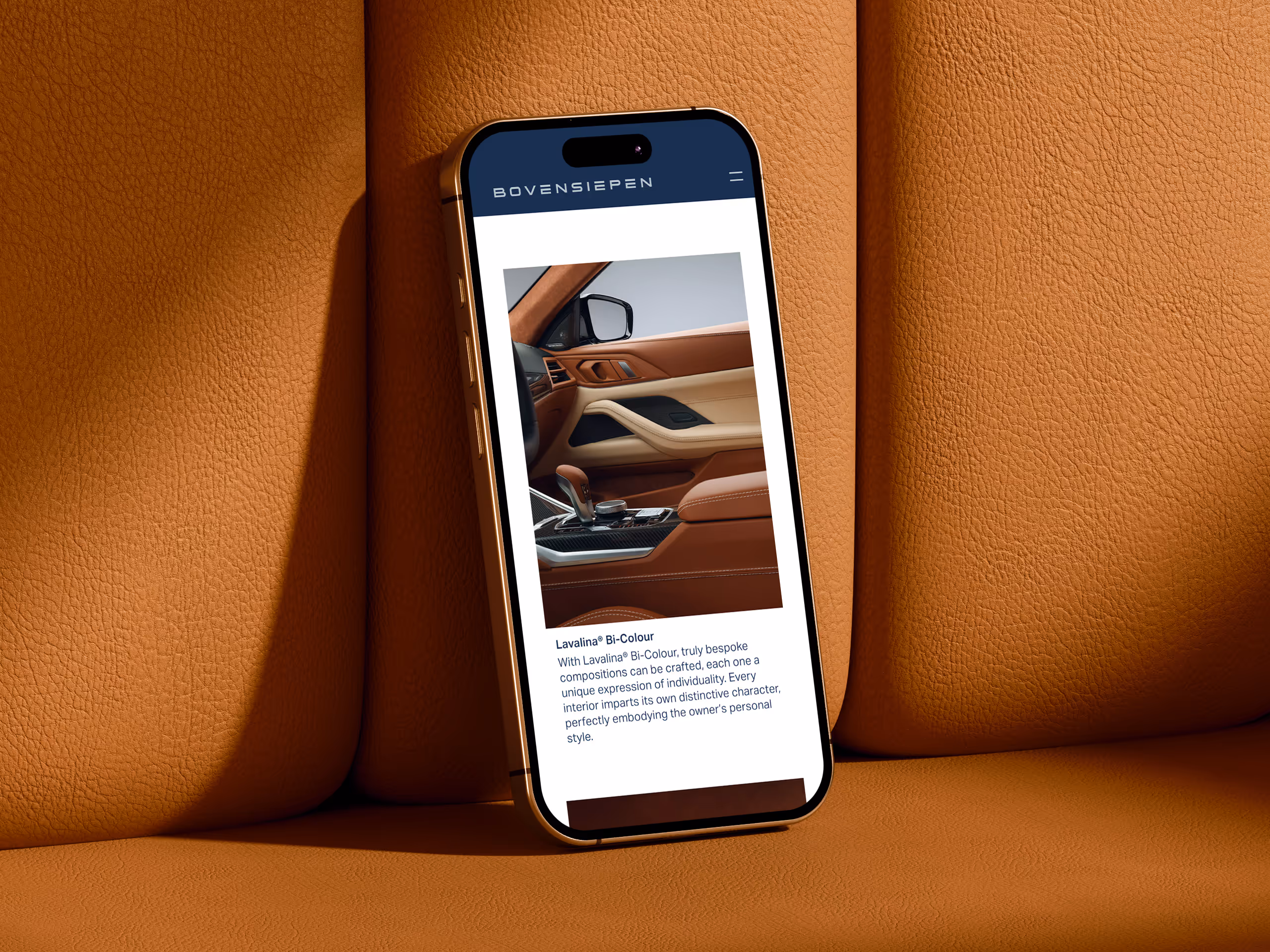 Smartphone displaying a webpage featuring a luxurious brown and beige car interior on textured brown leather background.