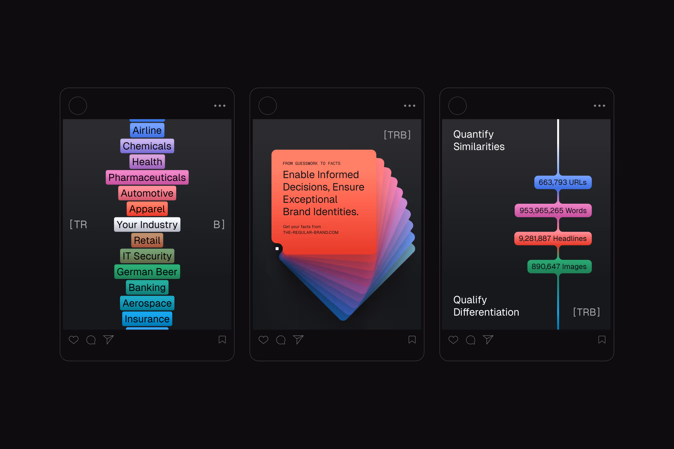 Three dark-themed social media screens showing colorful data: industry categories, a stack of gradient cards with brand advice, and quantified content similarities and differentiation metrics.