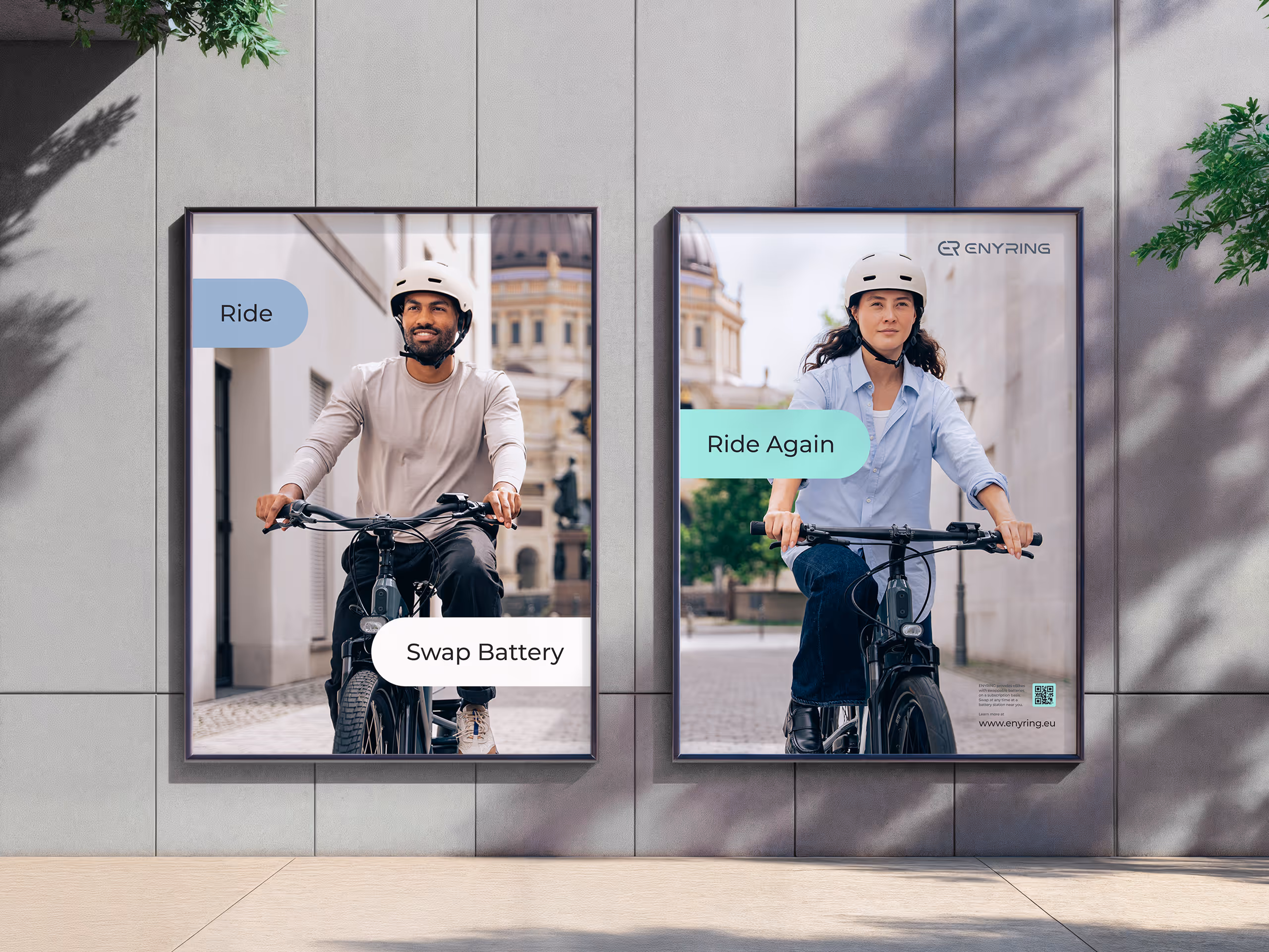 Two side-by-side posters on a wall featuring a man and a woman wearing helmets riding electric bikes with texts 'Ride,' 'Swap Battery,' and 'Ride Again.'