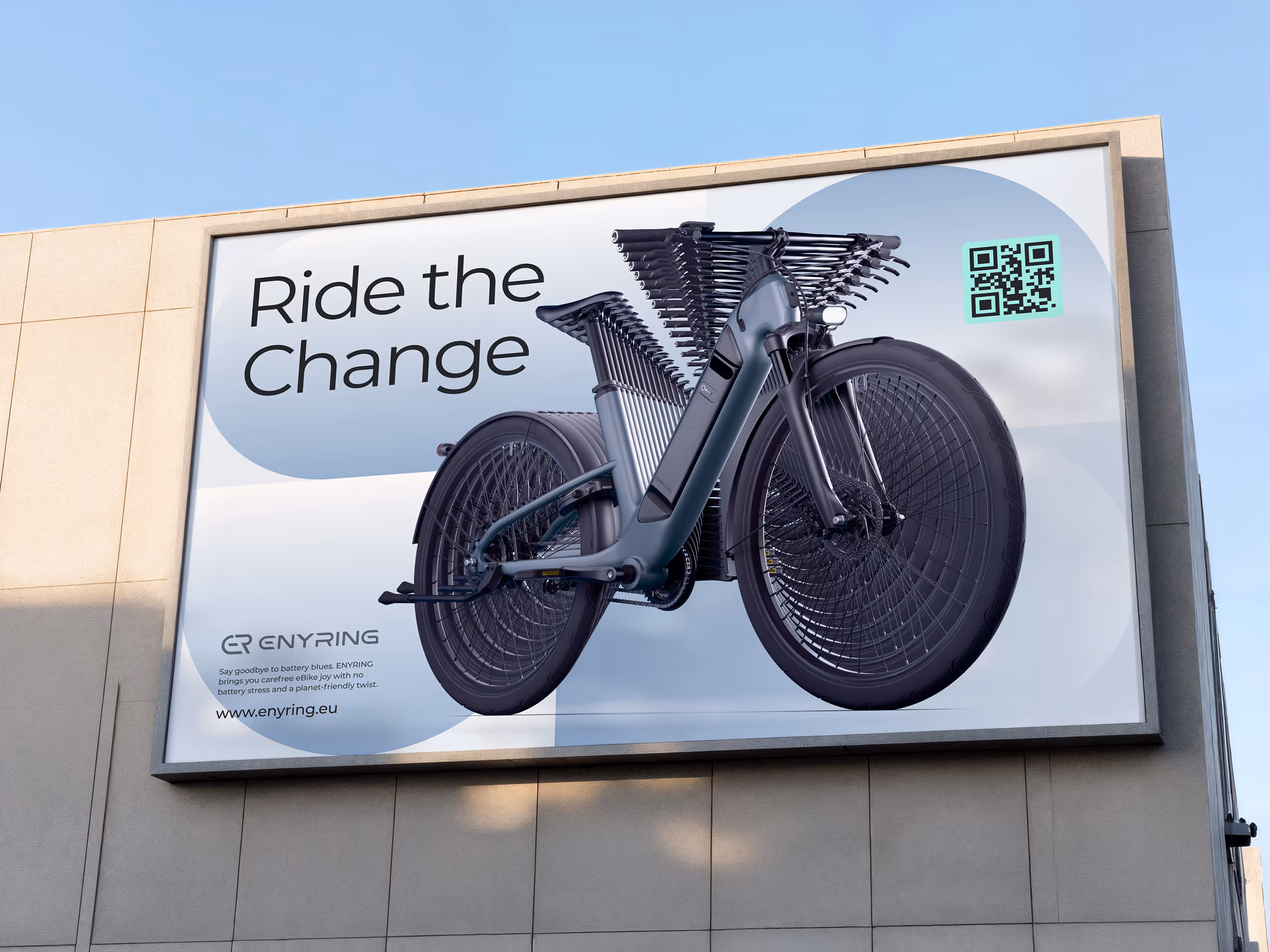 Billboard advertisement showing a futuristic black electric bike with multiple overlapping images of the bike to represent motion, and text reading 'Ride the Change' with a QR code.