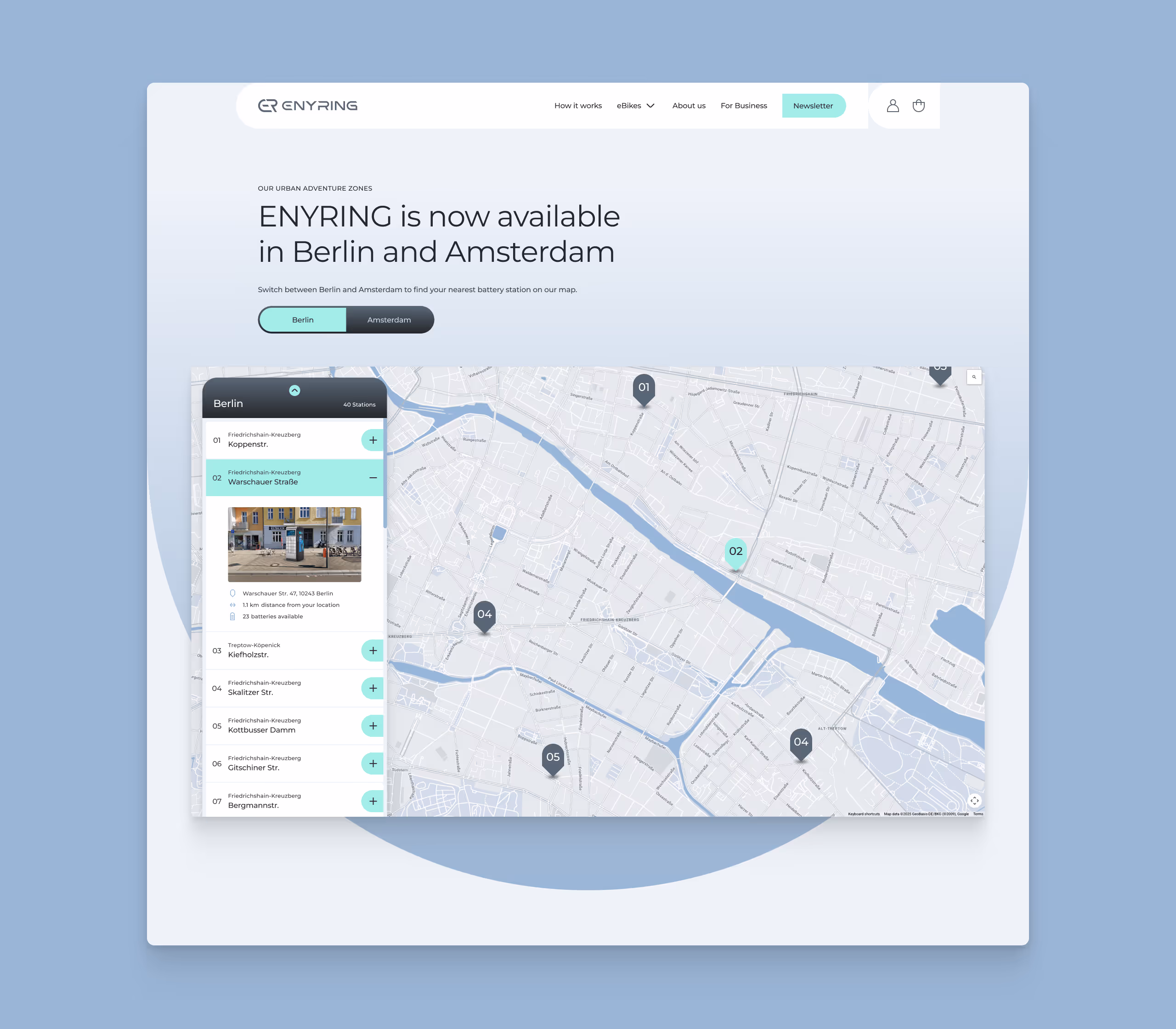 Map interface showing ENYRING battery station locations in Berlin with details for Warschauer Straße station expanded.