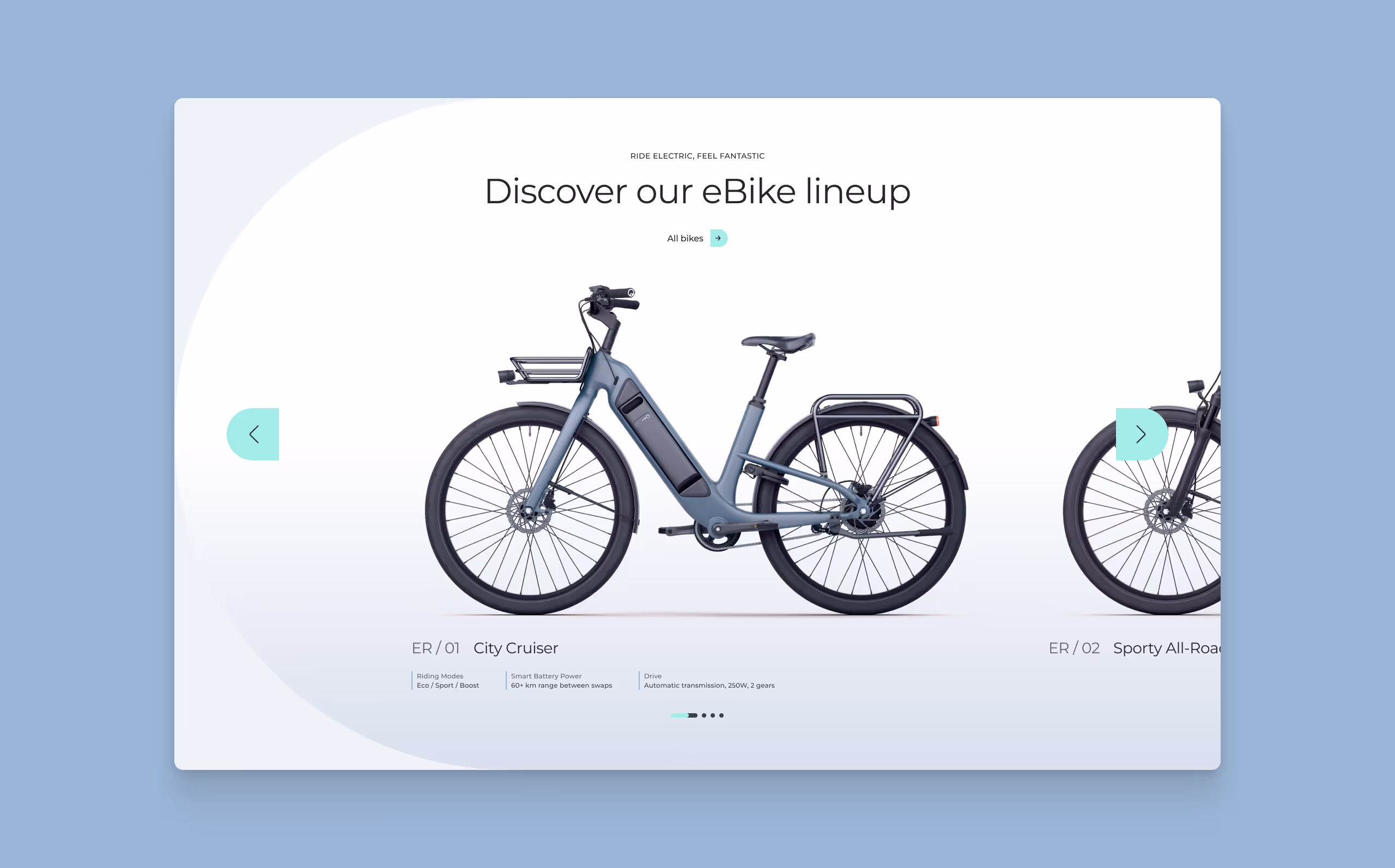 Side view of a blue electric city cruiser bike with front and rear racks on a white background.