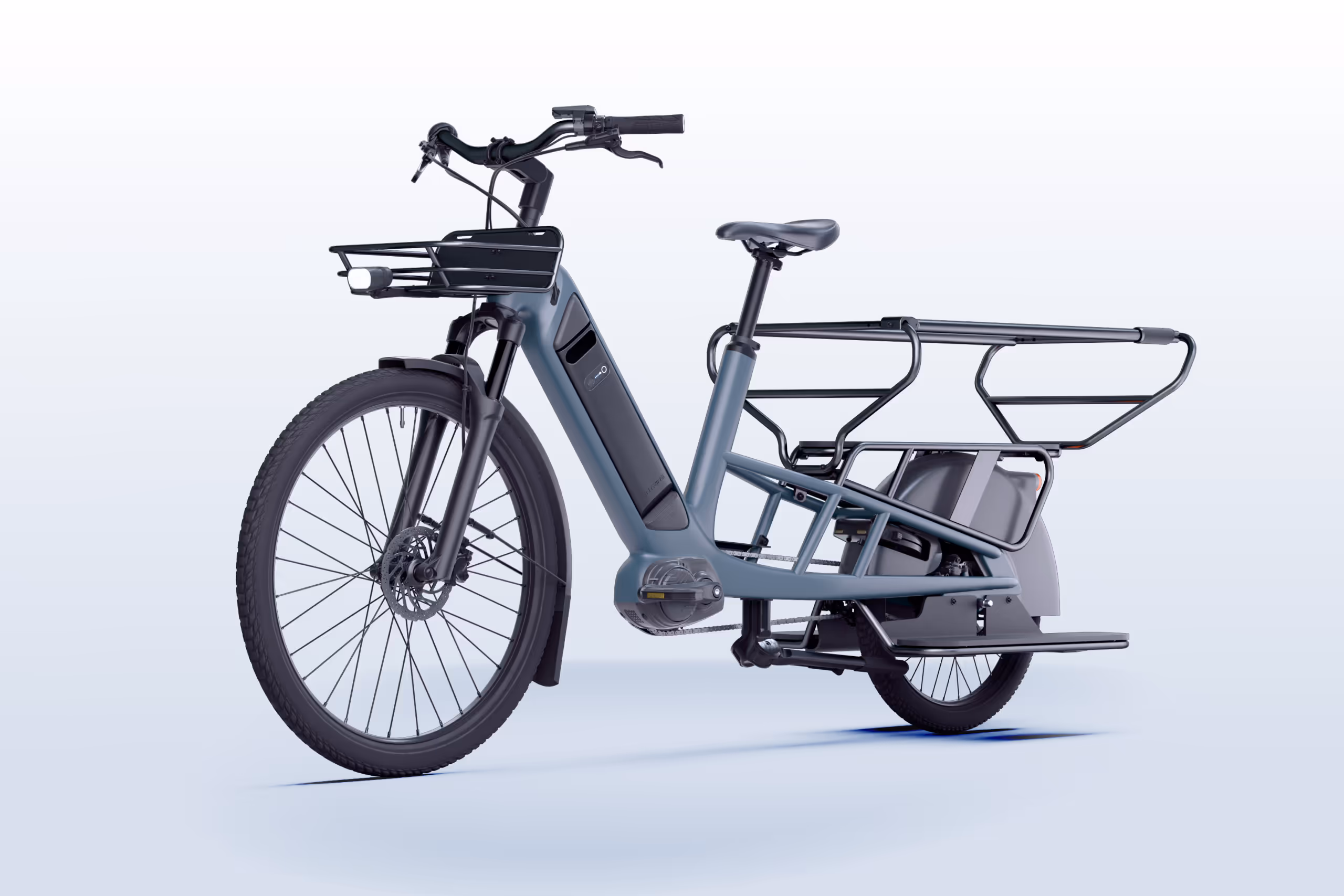 Modern electric cargo bike with front basket, sturdy frame, and extended rear rack for carrying loads.