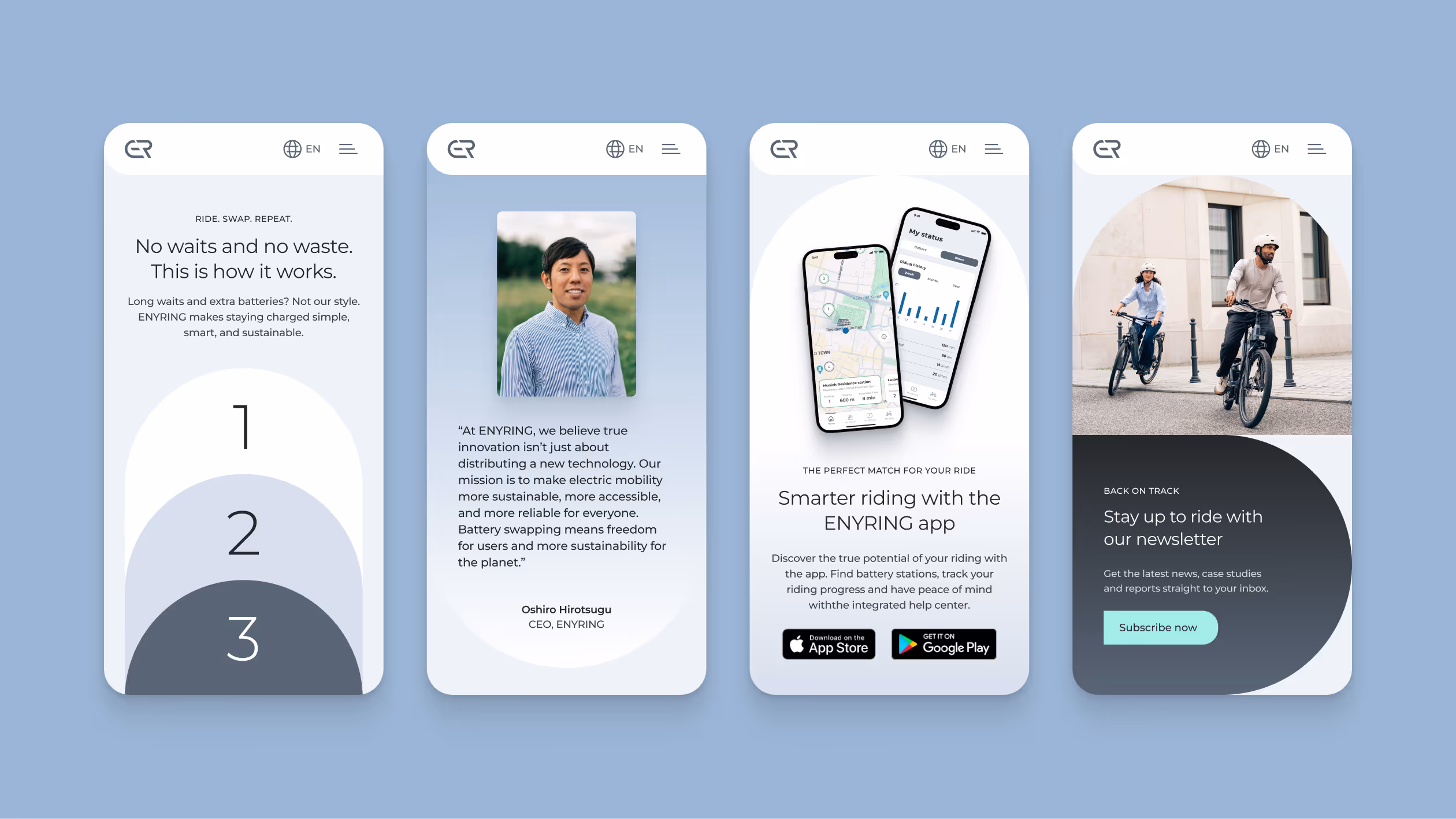 Four mobile app screens promoting ENYRING electric mobility: 1) Text about no waits and no waste with numbers 1, 2, 3 in circles; 2) Photo of CEO Oshiro Hirotsugu with mission statement; 3) Two phones showing ENYRING app maps and stats with app store buttons; 4) Two people riding electric bikes and newsletter subscription prompt.
