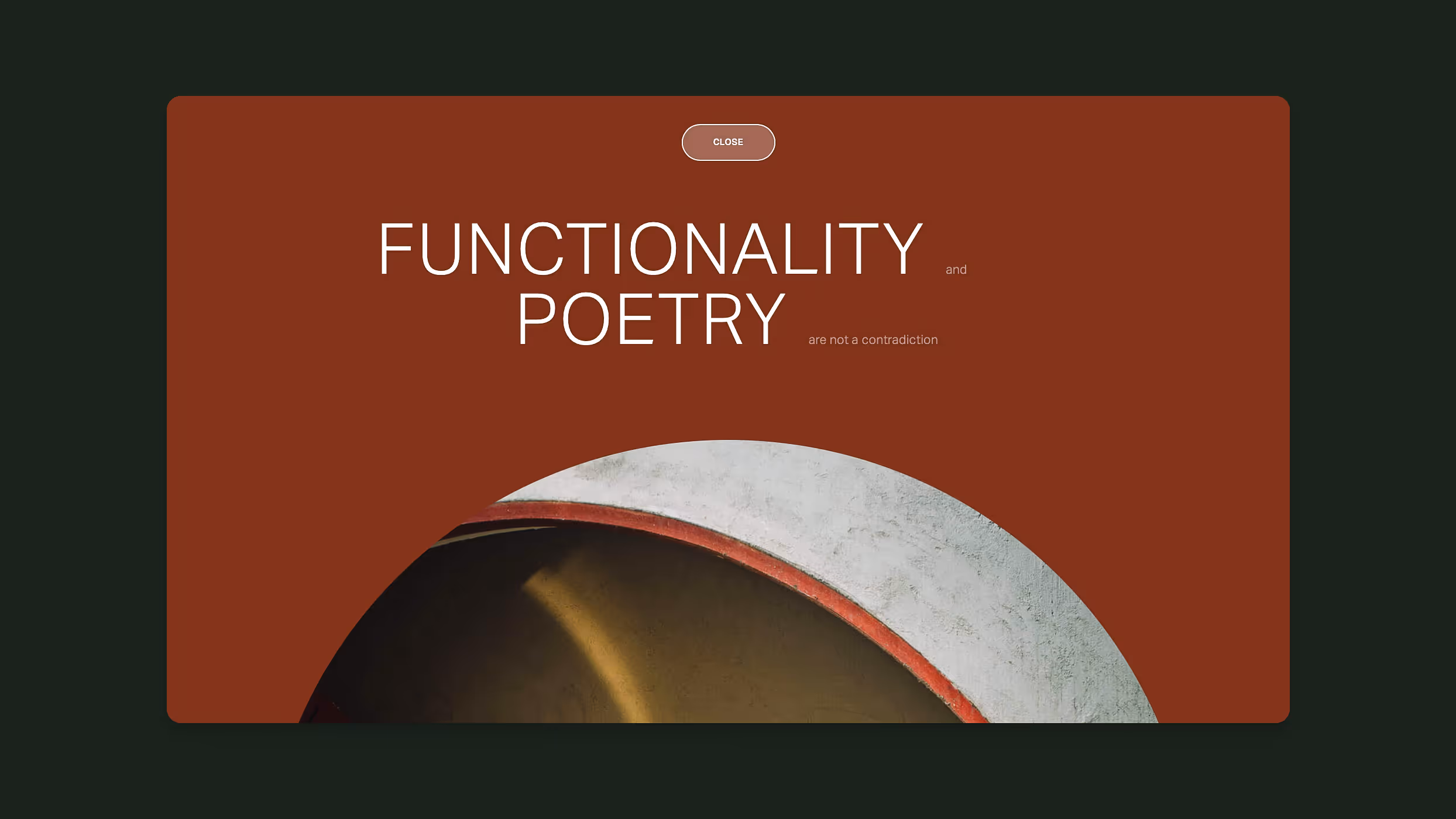 Webpage section with text 'Functionality and Poetry are not a contradiction' above a curved architectural detail with red and white edges.