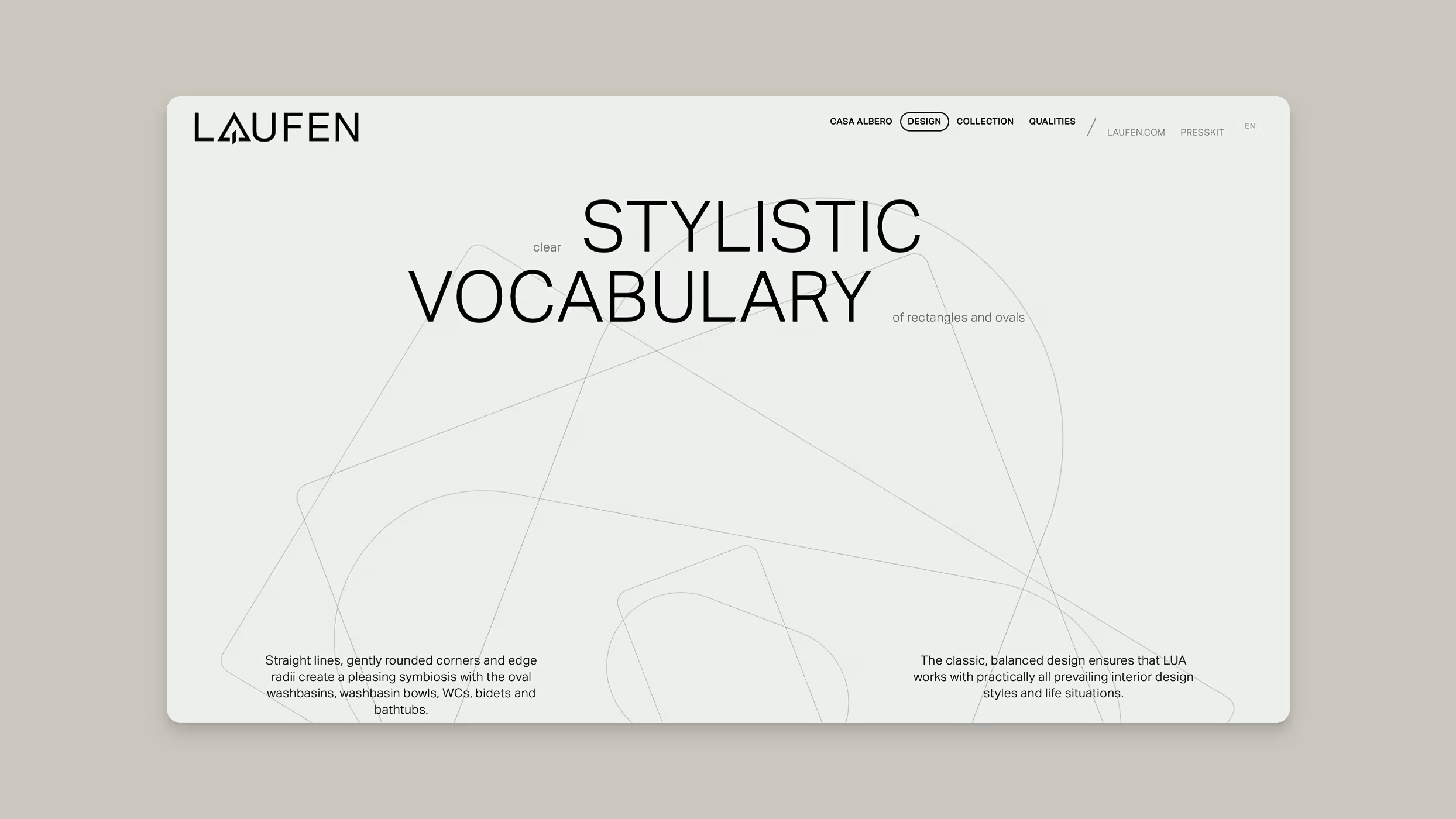 LAUFEN webpage section titled 'Stylistic Vocabulary' describing design elements with rounded corners and oval washbasins.