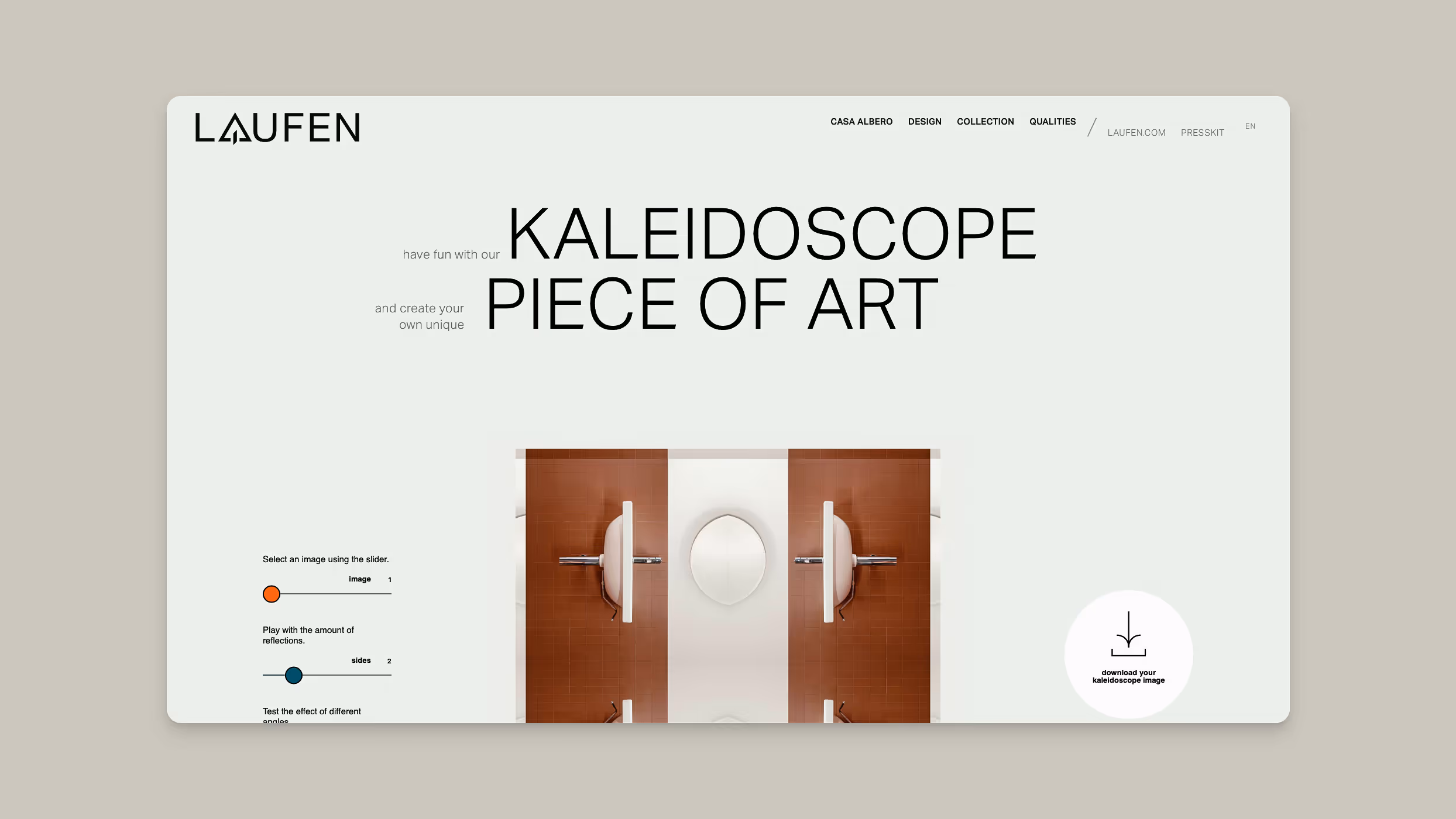 Website interface showing a kaleidoscope effect of a modern faucet with red tiles and controls to adjust images and reflections.