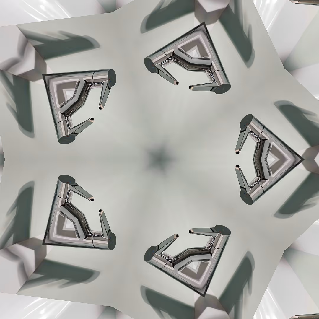Kaleidoscopic pattern featuring multiple mirrored silver faucet handles forming a symmetrical design.