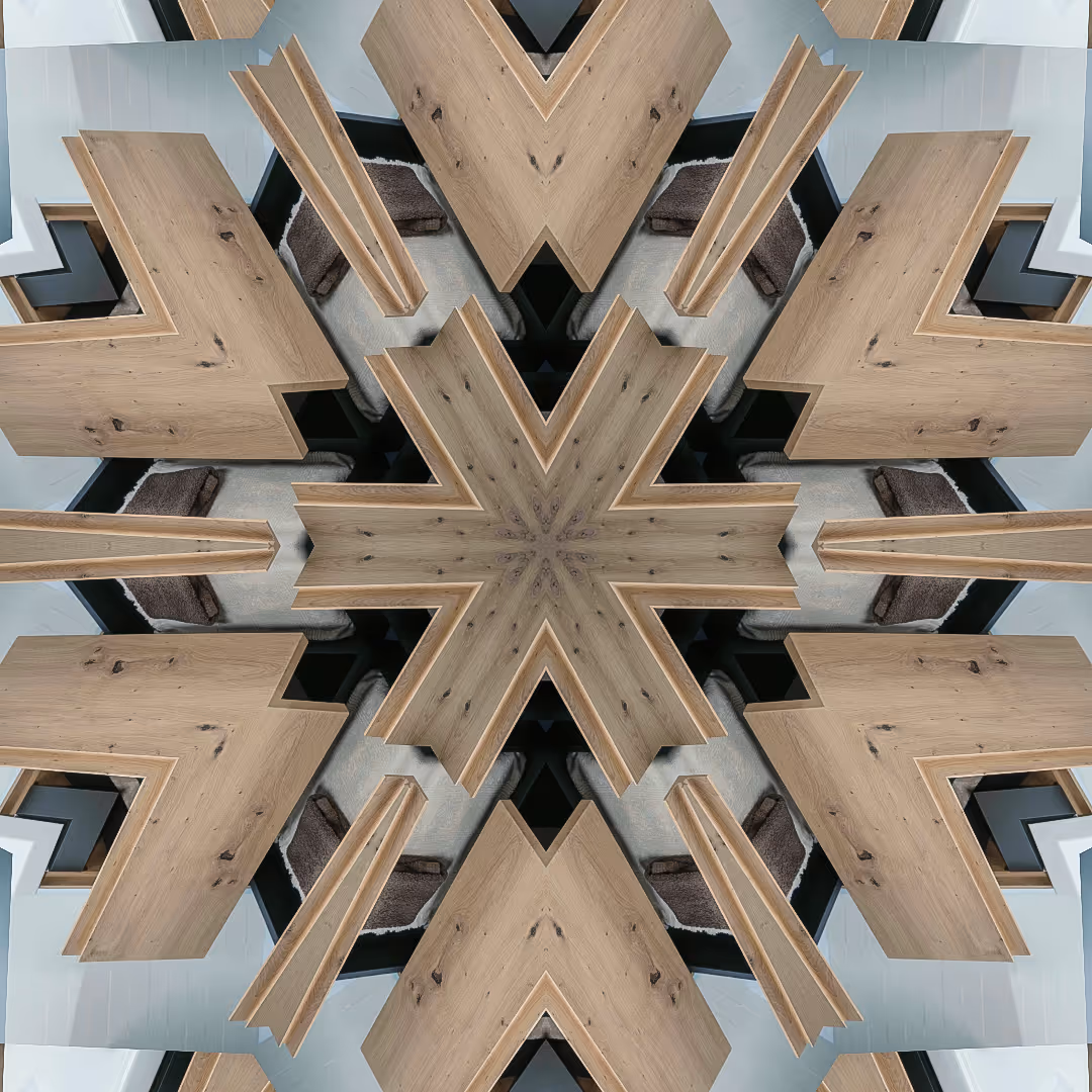 Kaleidoscopic pattern of wooden furniture pieces arranged symmetrically with gray and brown accents.