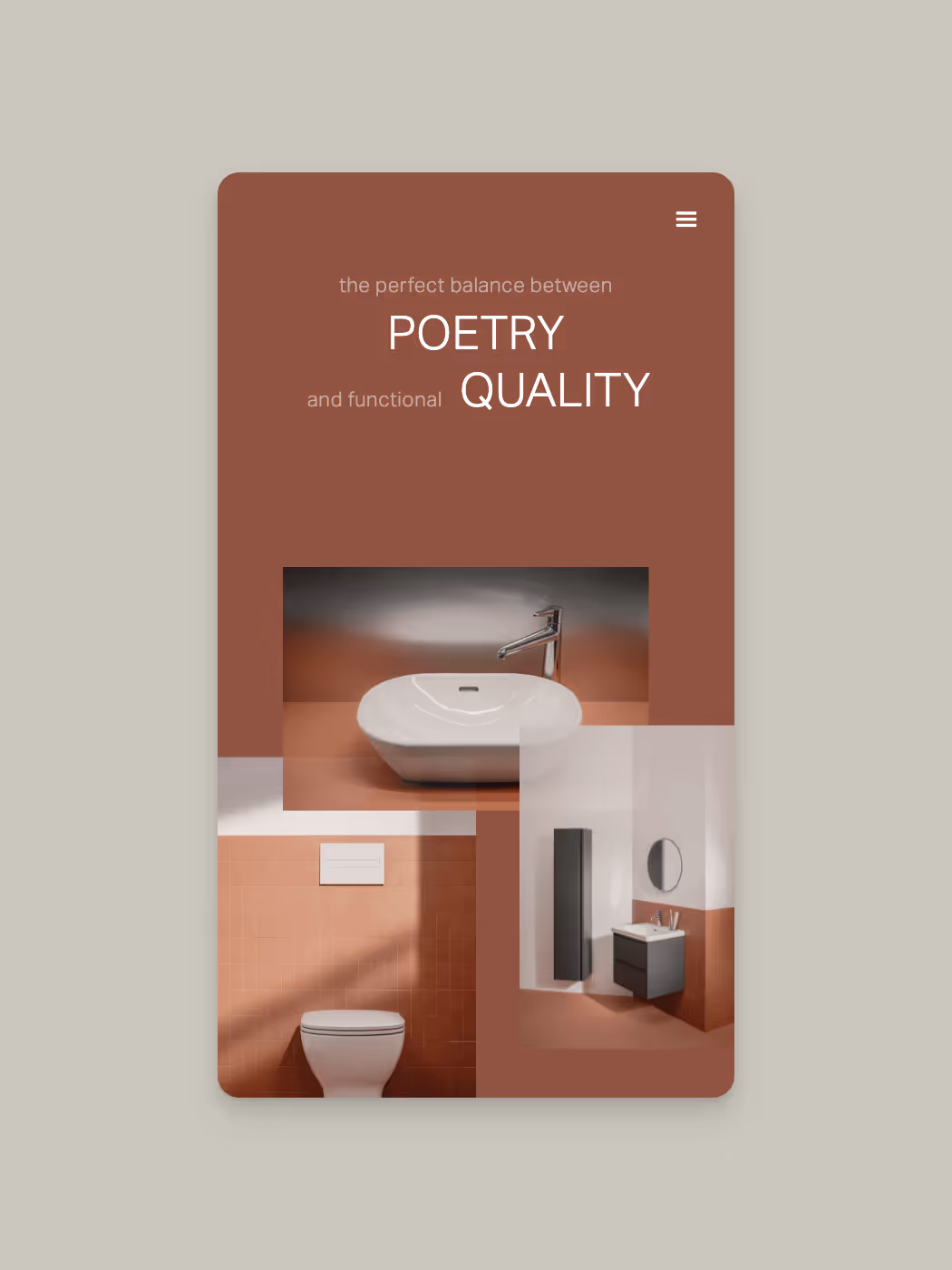 Mobile screen showing a bathroom design app with a white sink, faucet, toilet, and vanity against reddish-brown tiled walls.