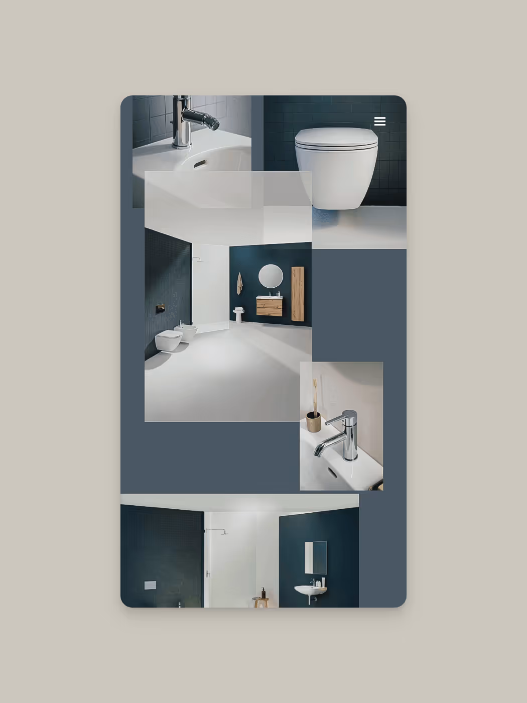 Collage of modern bathroom interiors featuring a wall-mounted toilet, chrome faucets, wooden vanity, and minimalist design with dark and white walls.