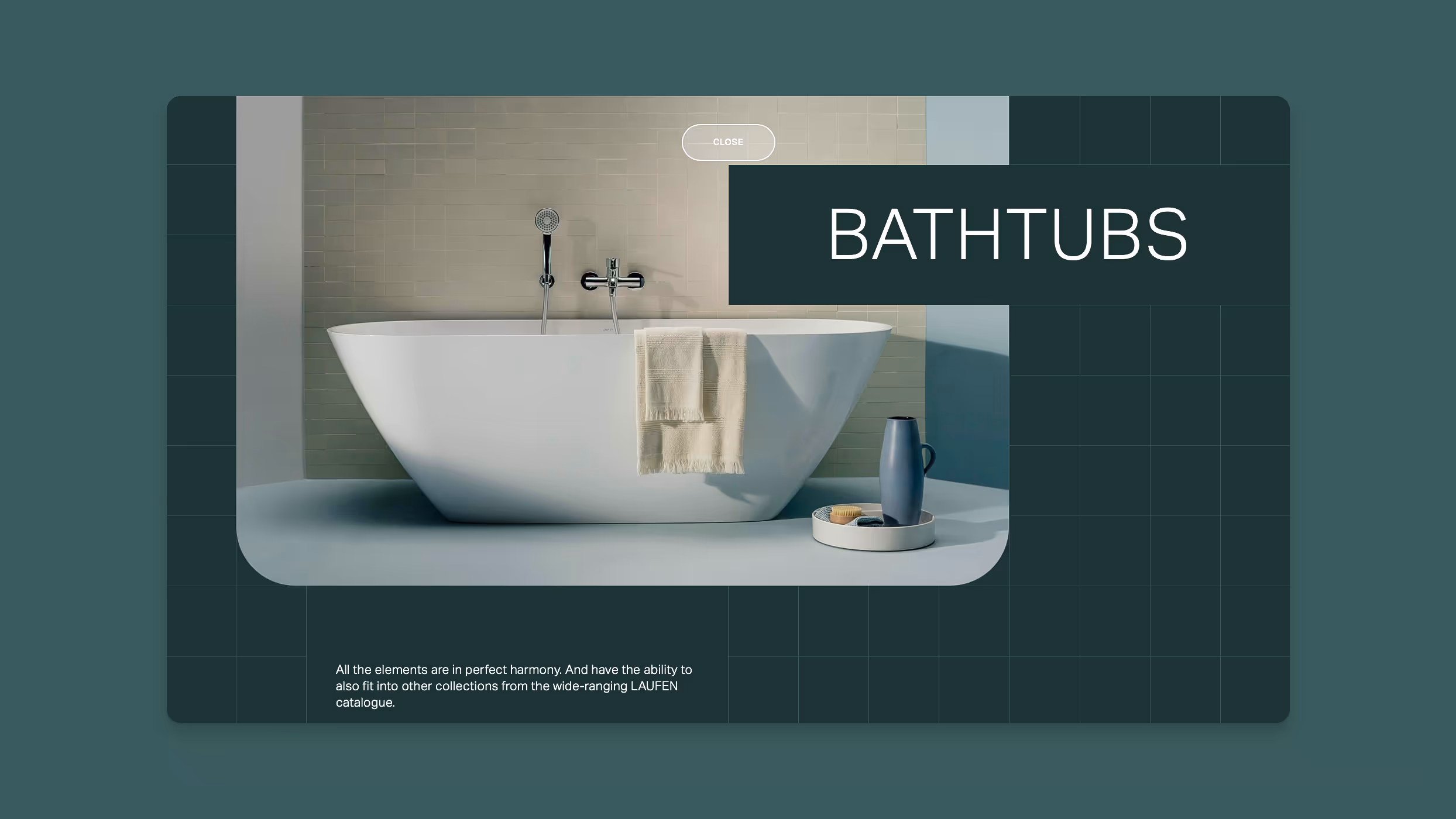 Modern white freestanding bathtub with a beige towel hanging over the edge, placed against a tiled wall with faucet and handheld shower.