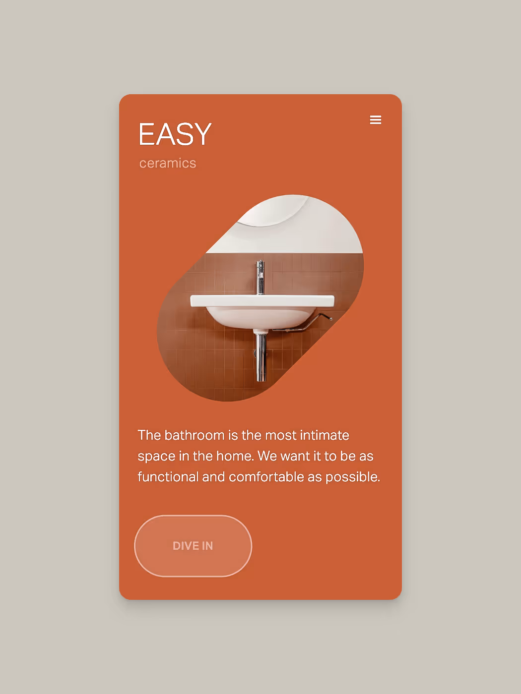 Mobile screen design with a white sink mounted on a brown tiled bathroom wall and text about making bathrooms functional and comfortable.