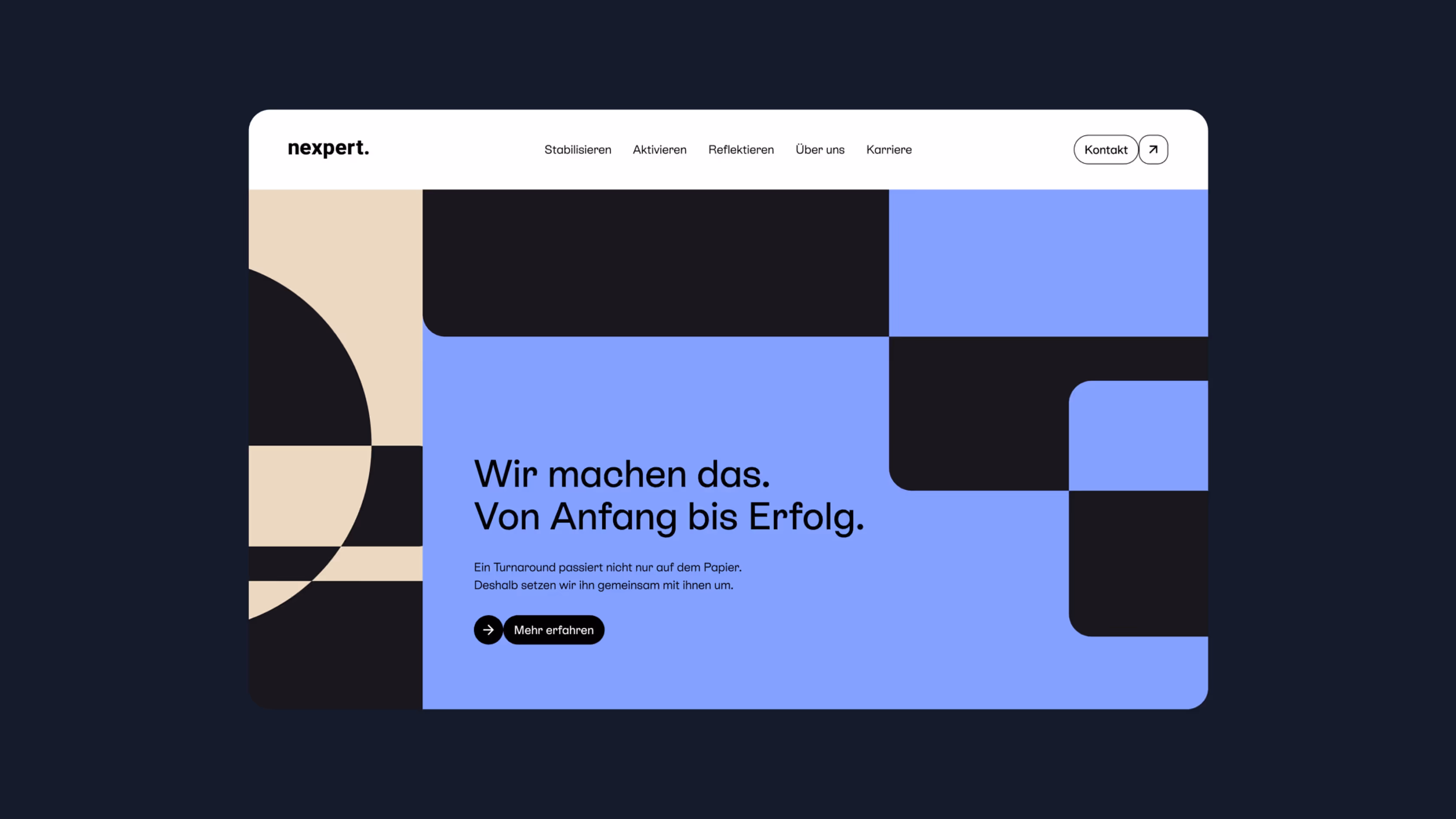 Website homepage with abstract geometric shapes in beige, black, and blue, featuring German text about successful turnarounds and a 'Mehr erfahren' button.