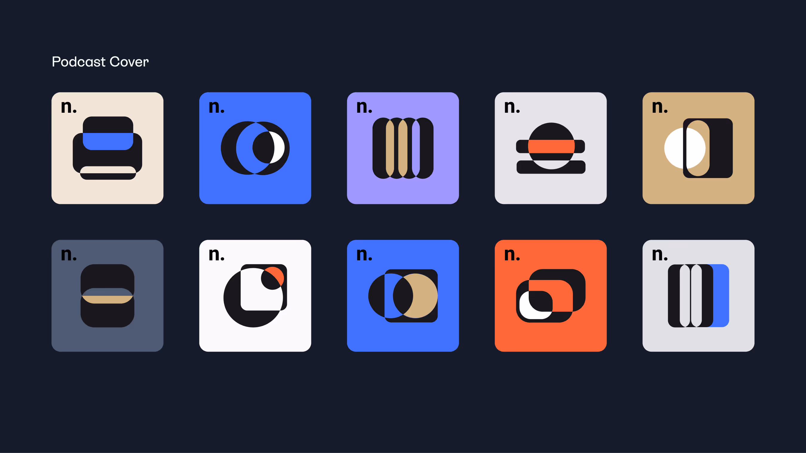 Grid of ten colorful abstract podcast cover icons featuring geometric shapes and the letter n on dark background.