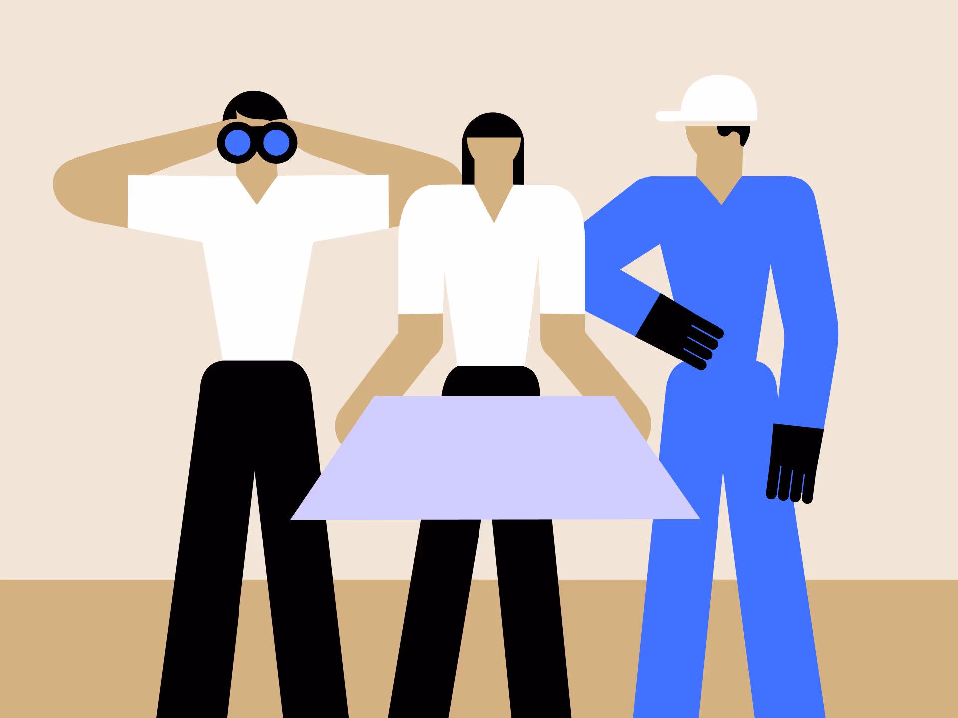 Three stylized figures standing behind a table, one looking through binoculars, one facing forward, and one wearing a white cap and blue outfit with gloves.