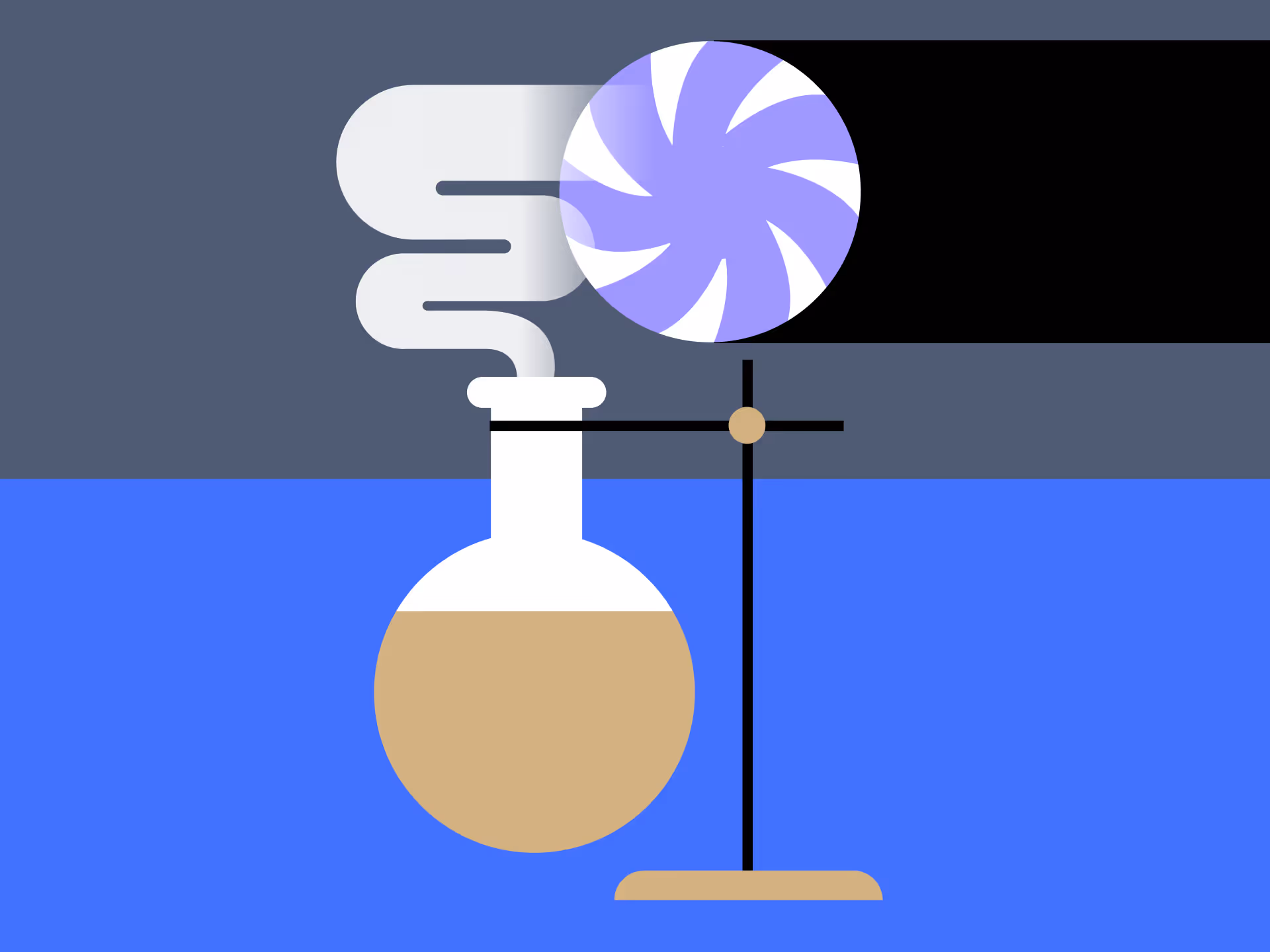 Illustration of a round-bottom flask with brown liquid and white steam, held by a stand with a blue and white swirling circular element above.