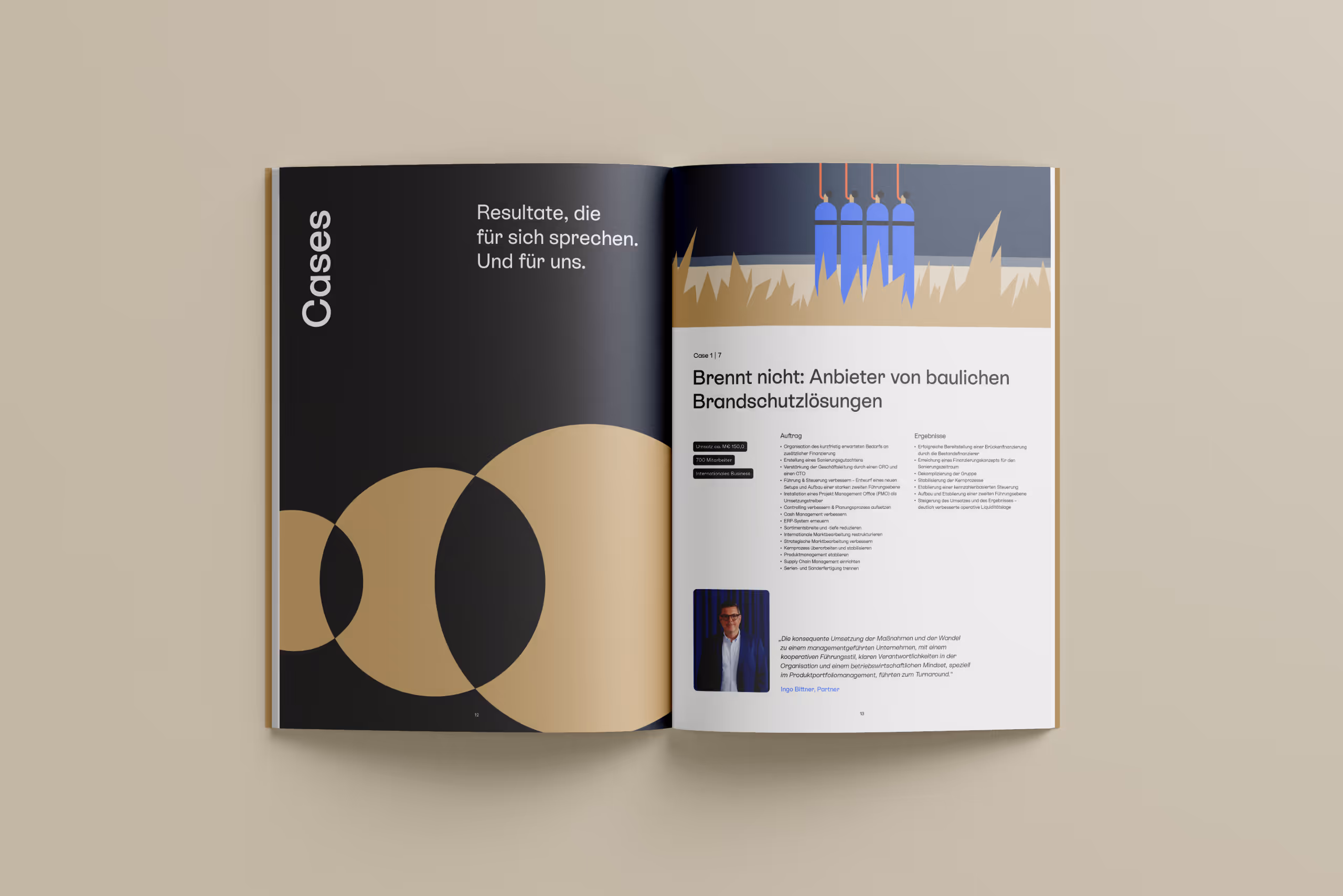 Open magazine spread showing a case study in German about fire protection solutions with graphical elements and a portrait photo.