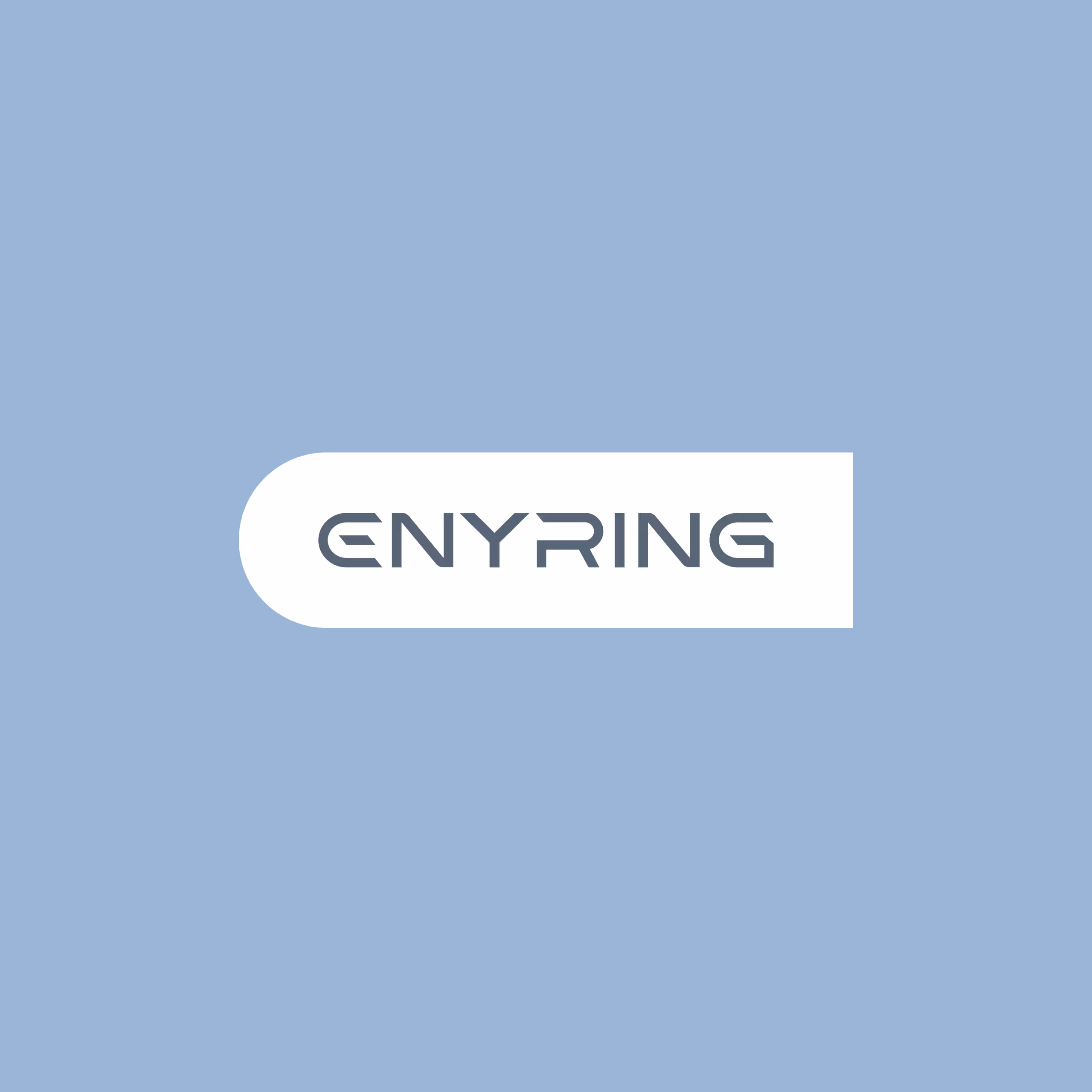Logo with the word ENYRING in stylized gray letters on a white rounded rectangle against a light blue background.