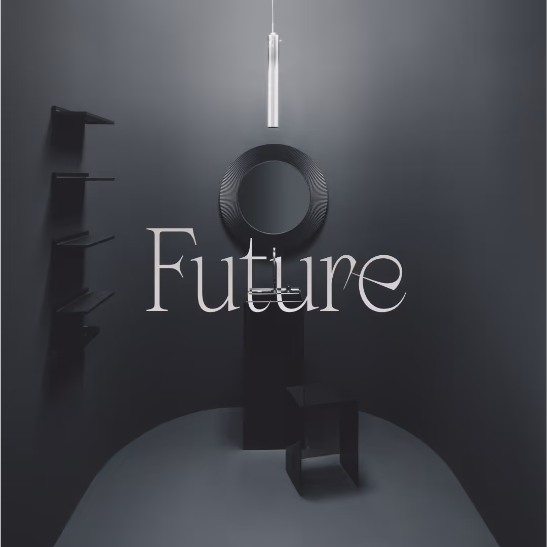 Minimalist dark bathroom with a round textured mirror, black pedestal sink, shelves, and the word 'Future' overlaid.