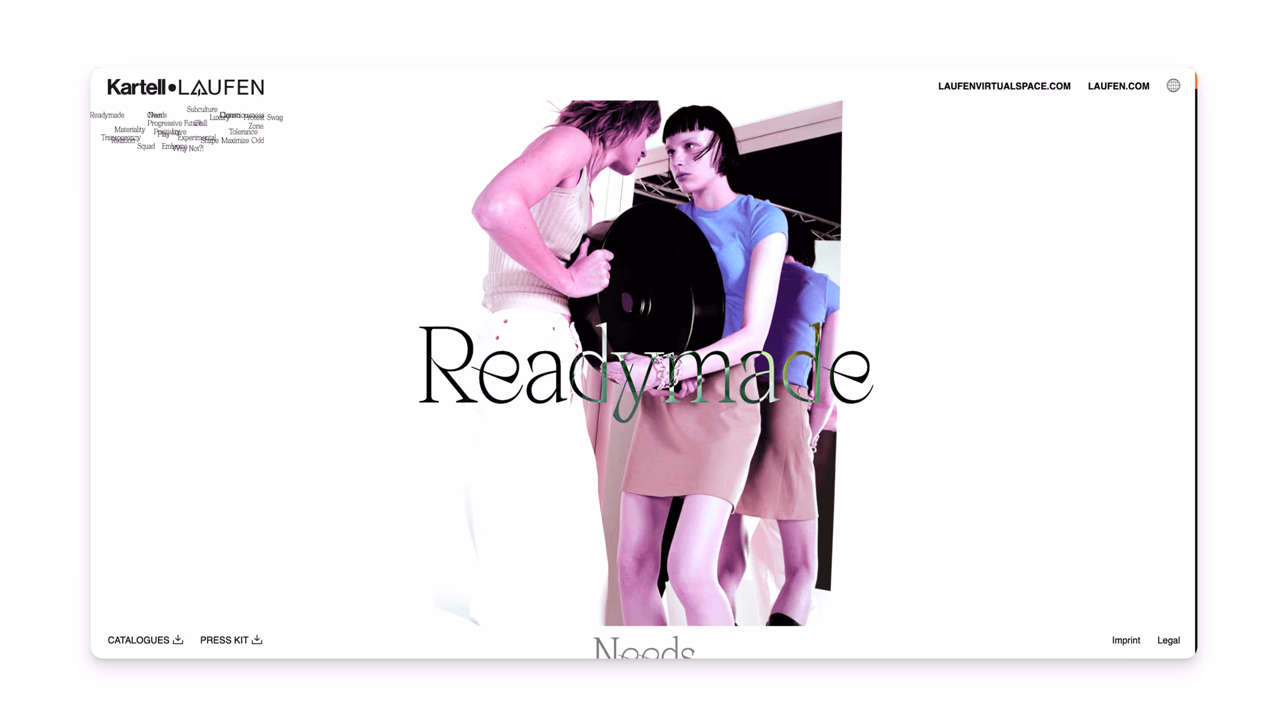 Two women standing and facing each other, one holding a large black disc, overlaid with the word 'Readymade'.