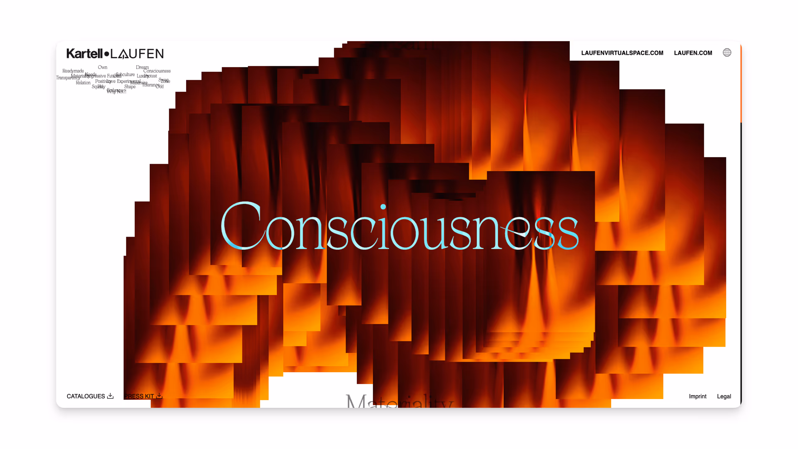 Abstract layered orange and black flame-like shapes with the word 'Consciousness' in light blue text at the center on a white background.