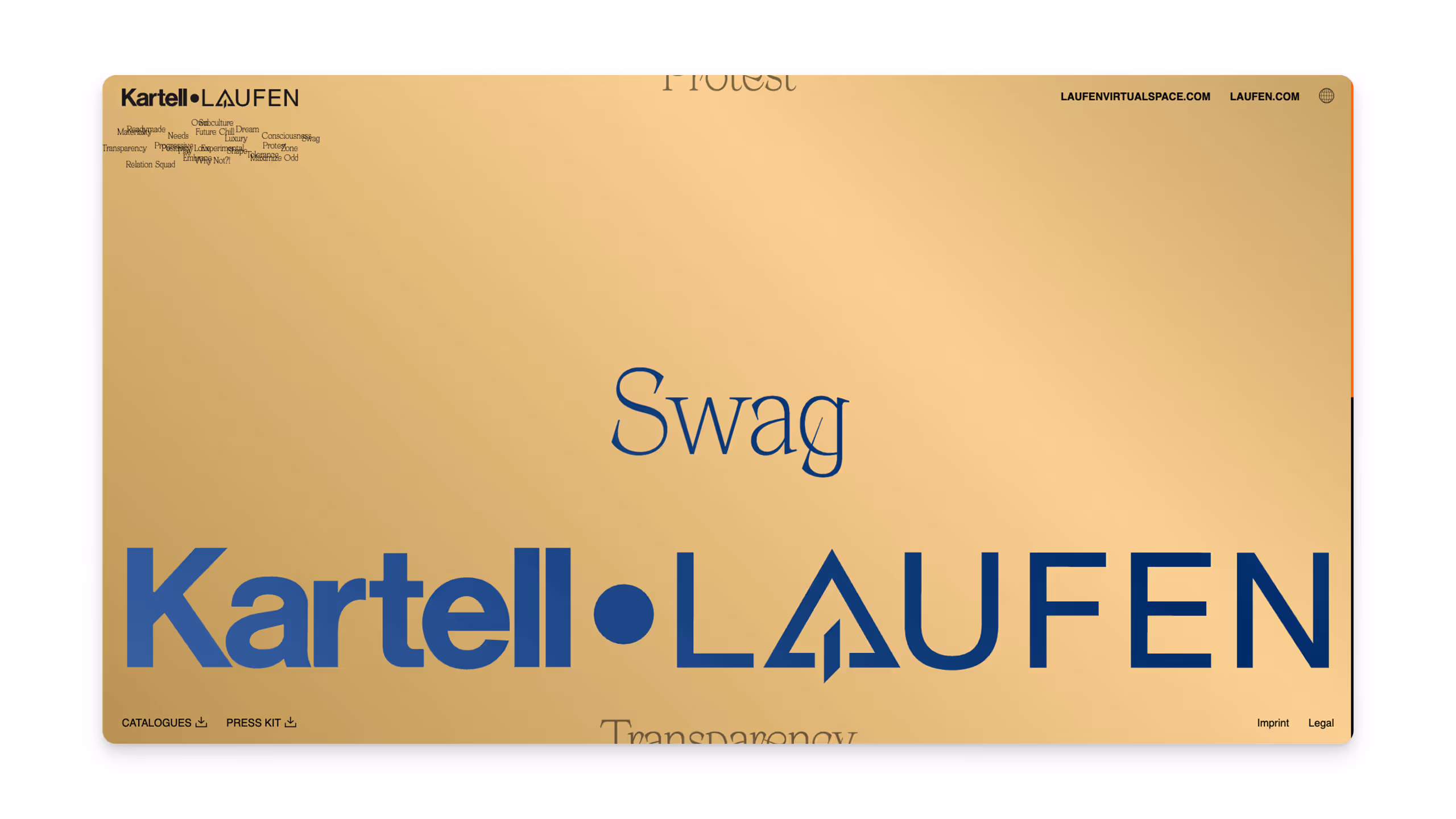 Yellow background with large blue text 'Kartell•LAUFEN' and smaller decorative words including 'Swag' and 'Transparency'.