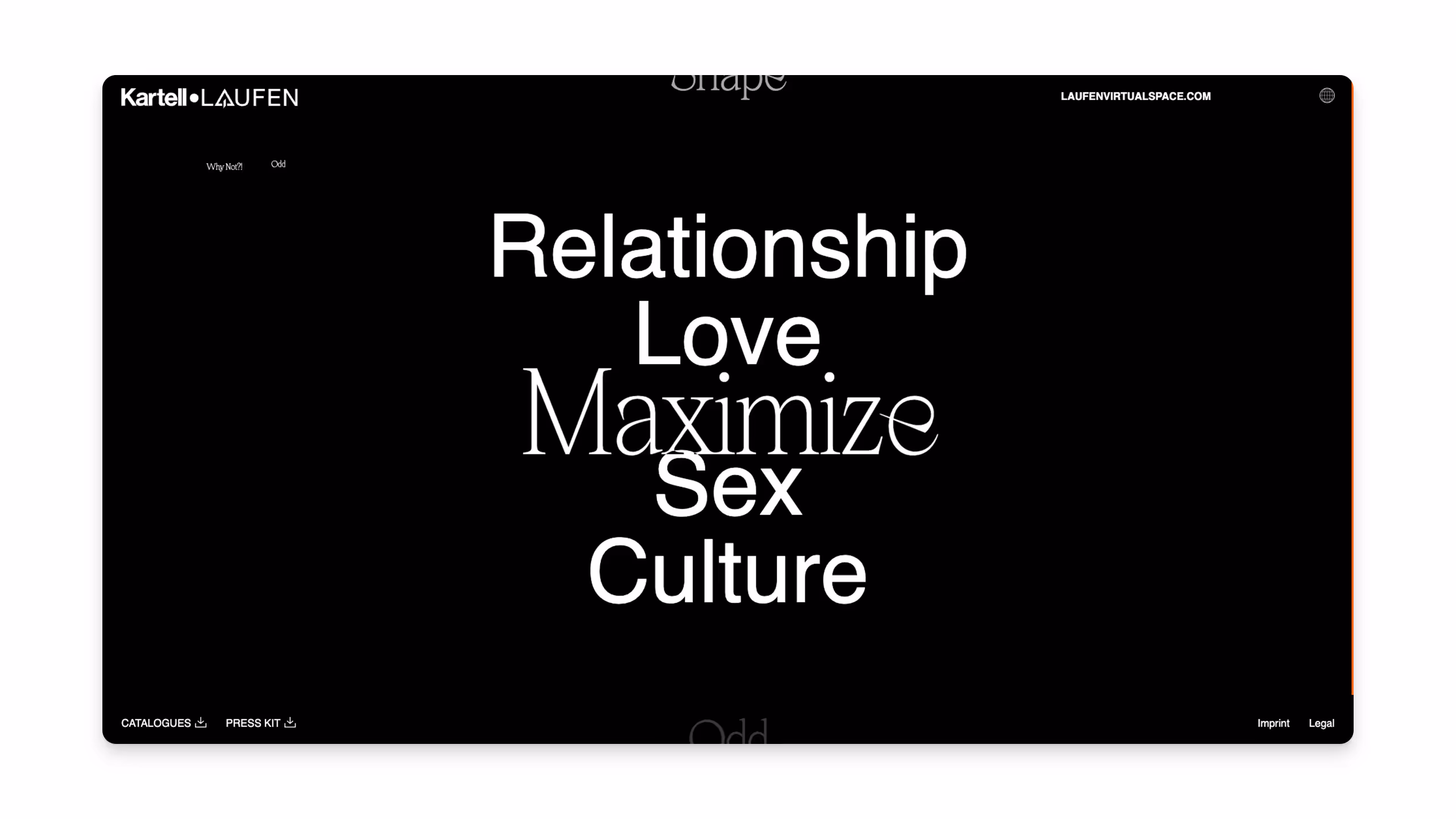 Black webpage with white words centered: Relationship, Love, Maximize, Sex, Culture, with Kartell and LAUFEN logos at top left and website URL at top right.