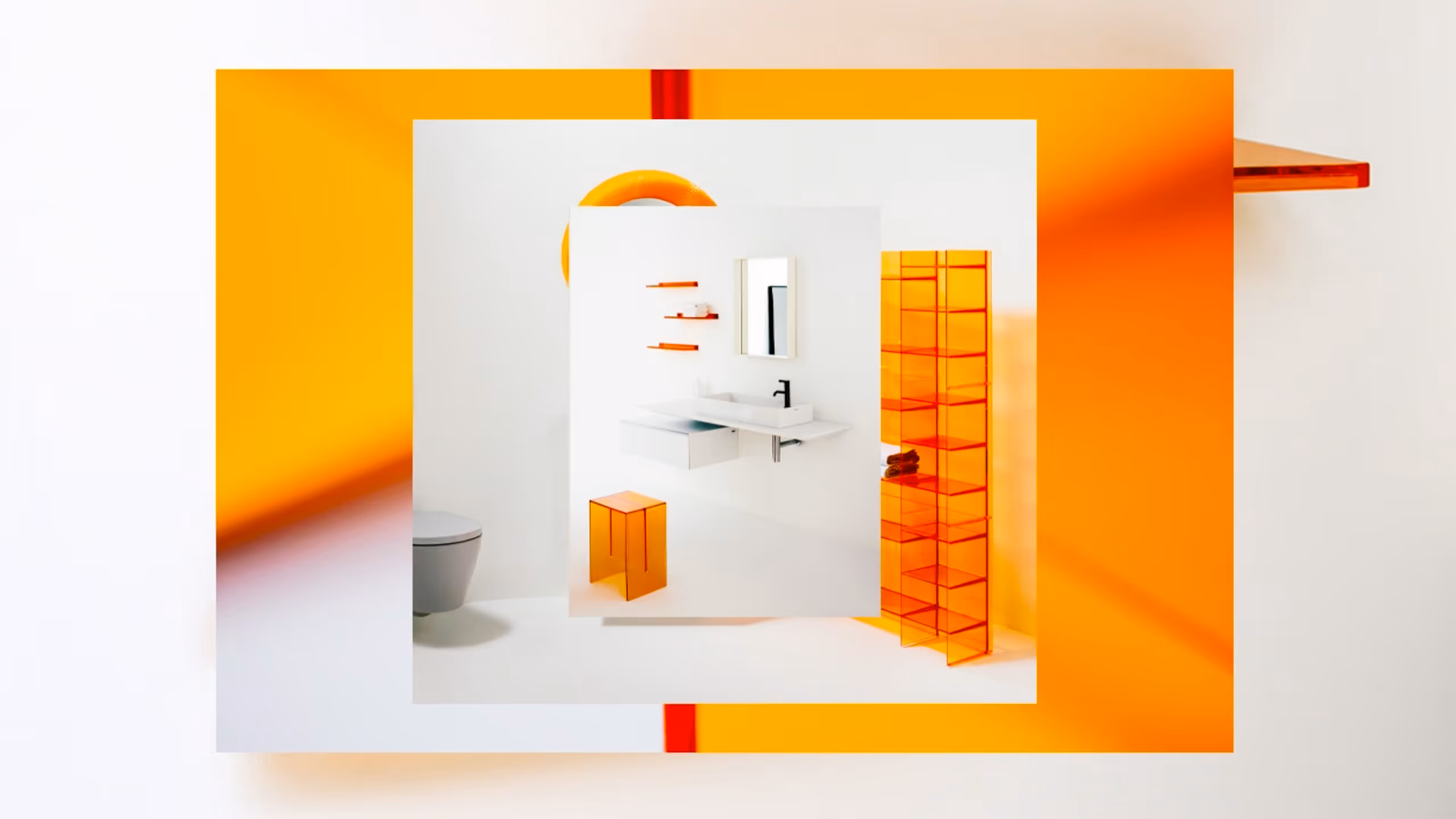 Modern bathroom with white walls and fixtures, featuring translucent orange furniture including a stool, shelving unit, and a circular wall accent.