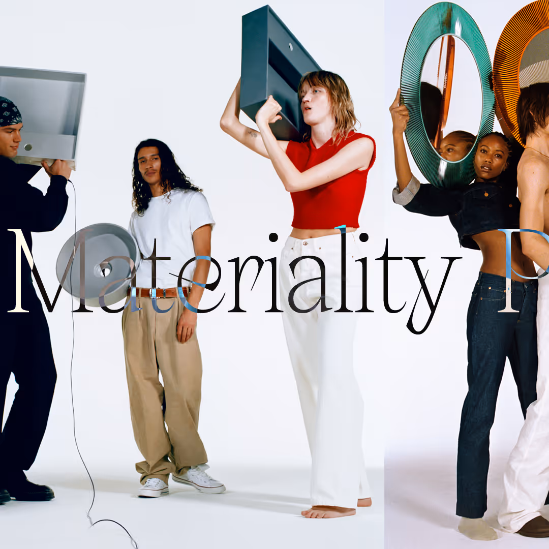 Five diverse young adults posing with mirrors and a speaker against a white background, with 'Materiality' text overlay.