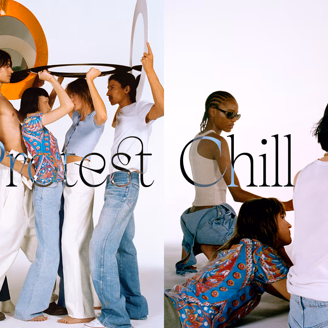 Group of young people wearing casual clothes, some holding large circular frames above their heads, against a white background with partial text overlay.