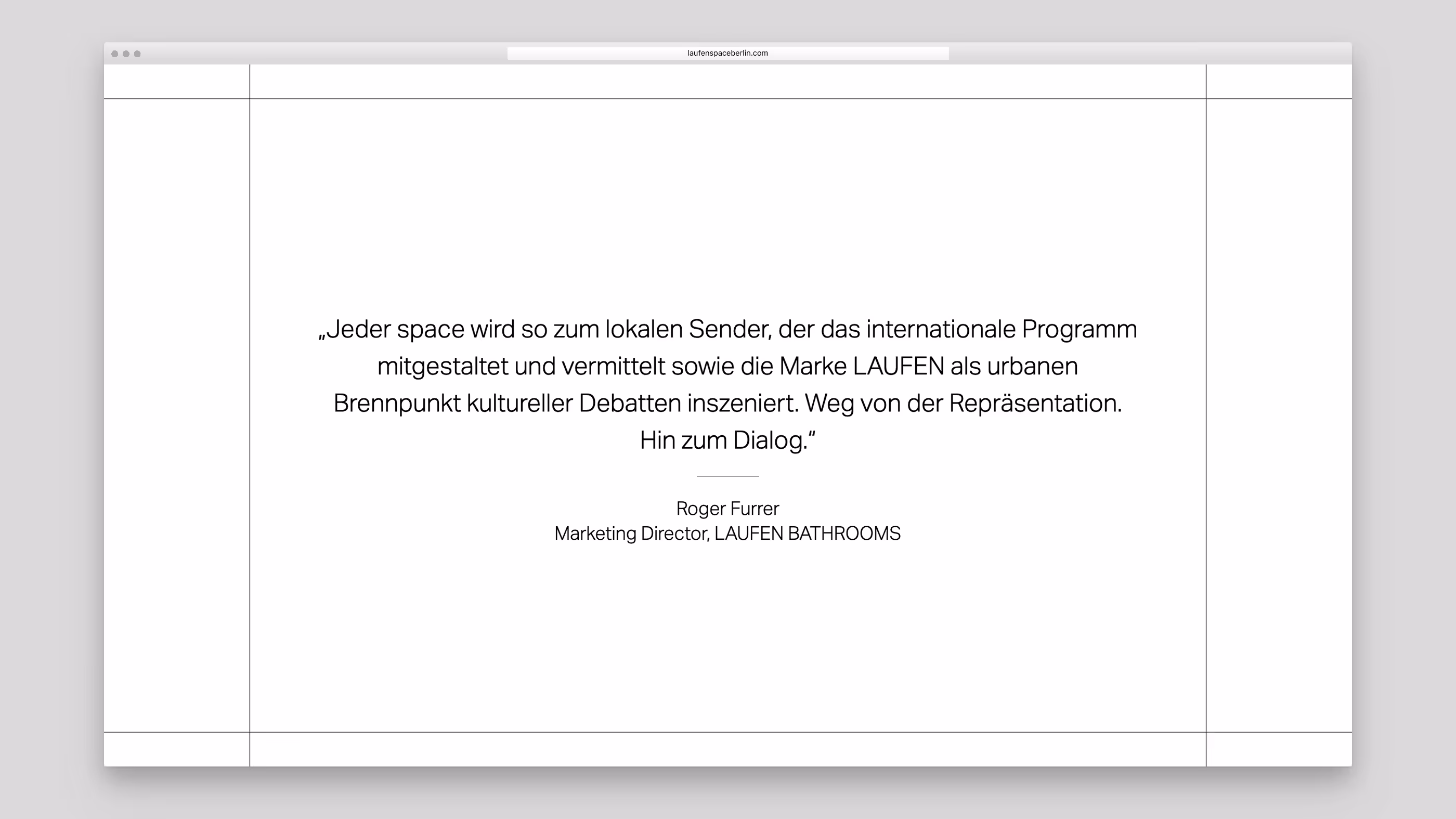 Quote in German about space becoming a local broadcaster shaping international programs and the LAUFEN brand as a cultural debate focal point, attributed to Roger Furrer, Marketing Director of LAUFEN BATHROOMS.